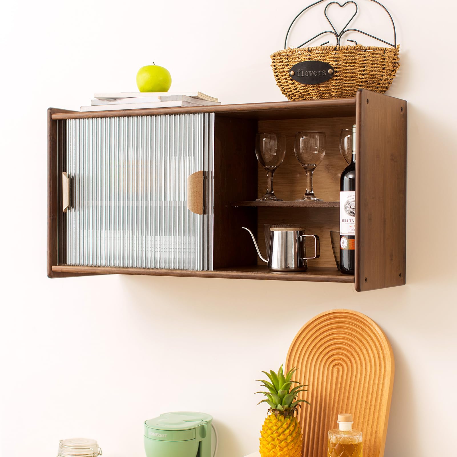 HollyHOME Small Bamboo Wall Mounted Kitchen Pantry Cabinet with 2 Doors - Coffee & Wine Bar Storage for Liquor, Glasses, Bottles & Dishes - Compact Sideboard for Dining Room, Living Room & Kitchen Organization (Walnut Finish)