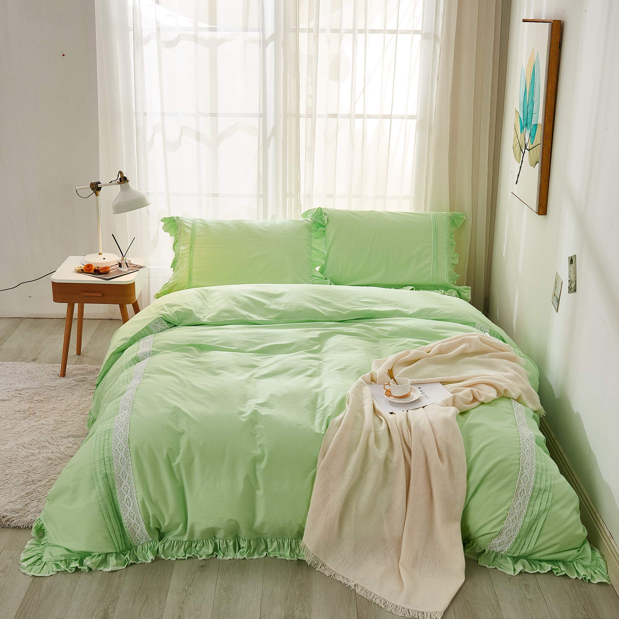Softta Vintage Sage Green Bedding Set 3-Piece Cal King Size - 100% Natural Washed Cotton Duvet Cover with Zipper Closure, Boho Chic Lace Ruffle Trim - Elegant Bedroom Decor for Girls & Women | Perfect for Master Bedrooms, Guest Rooms & Bohemian Style Homes