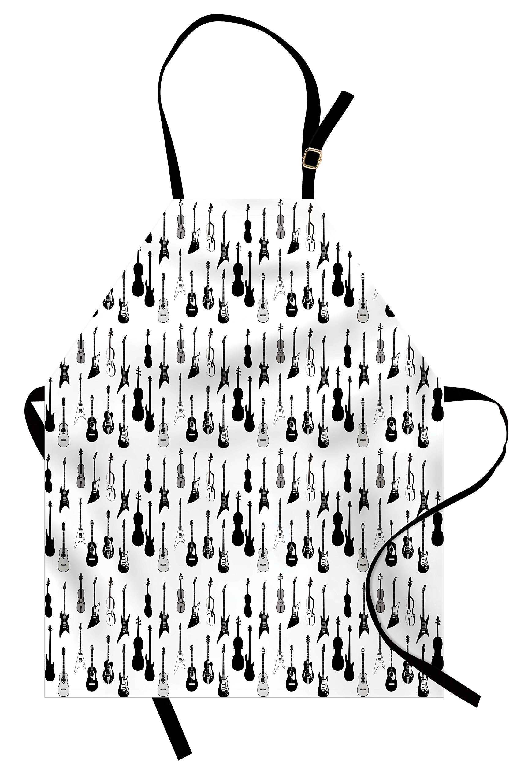 Ambesonne Music Themed Apron - Monochrome Guitar, Cello, Violin Print - Adjustable Unisex Kitchen Bib for Cooking, Baking, Gardening - Black, White & Grey - Perfect for Musicians, Chefs & Music Lovers