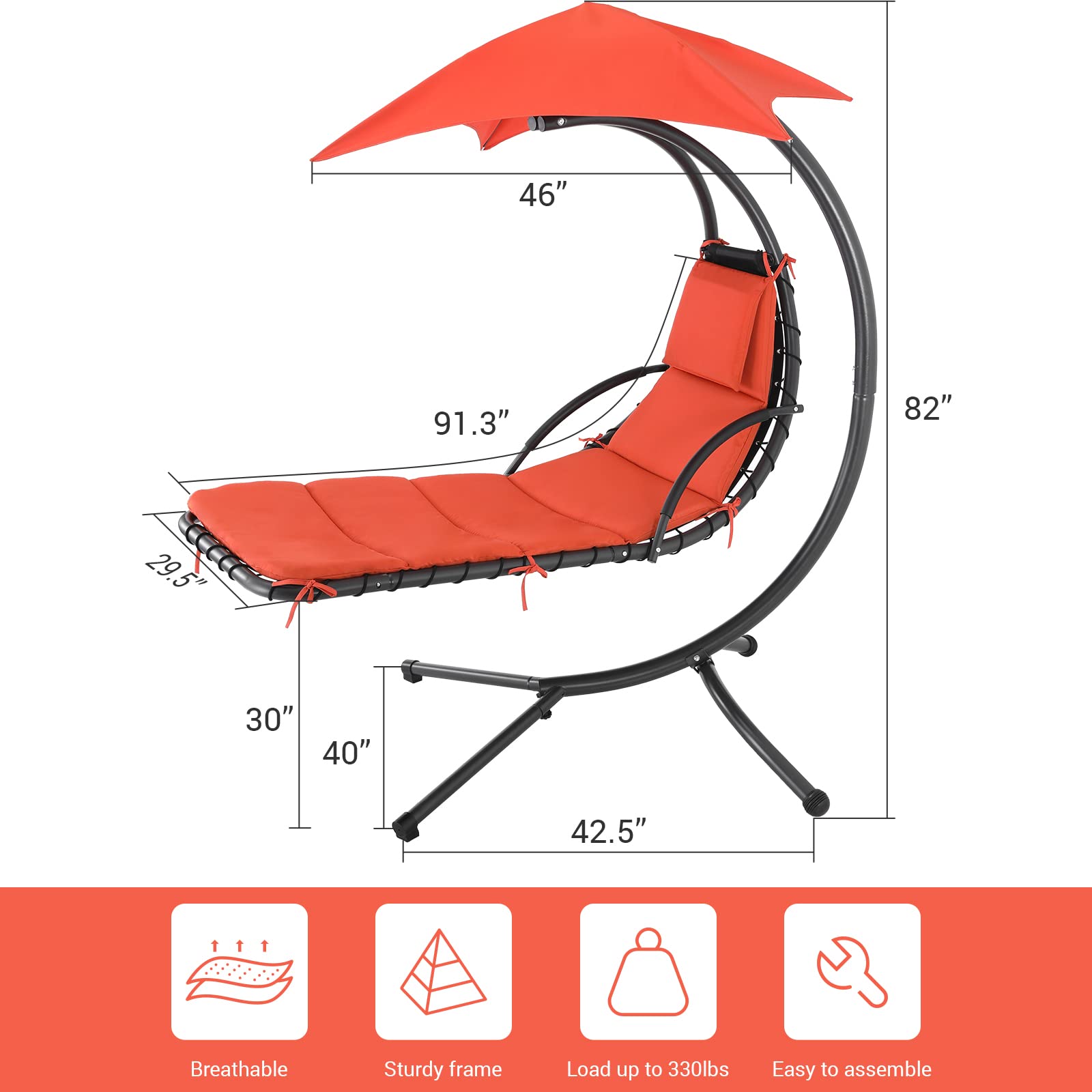 Adjustable Outdoor Patio Hanging Chaise Lounge Chair with Arc Stand - Floating Curved Hammock with Air Porch Stand, Built-in Pillow & Removable Canopy - Perfect for Backyard, Garden, Poolside & Indoor Relaxation - Orange (SAB-OT-001)