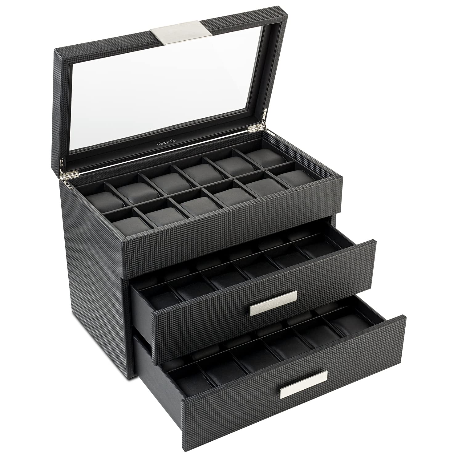 36-Slot Luxury Carbon Fiber Watch Box for Men with Large Glass Lid - Elegant Watch Display Case with Metal Accents & Sturdy Hinges - Perfect Watch Organizer for Dress Watches, Sports Watches & Collector's Timepieces - Ideal for Home Display, Office Decor & Gift Giving