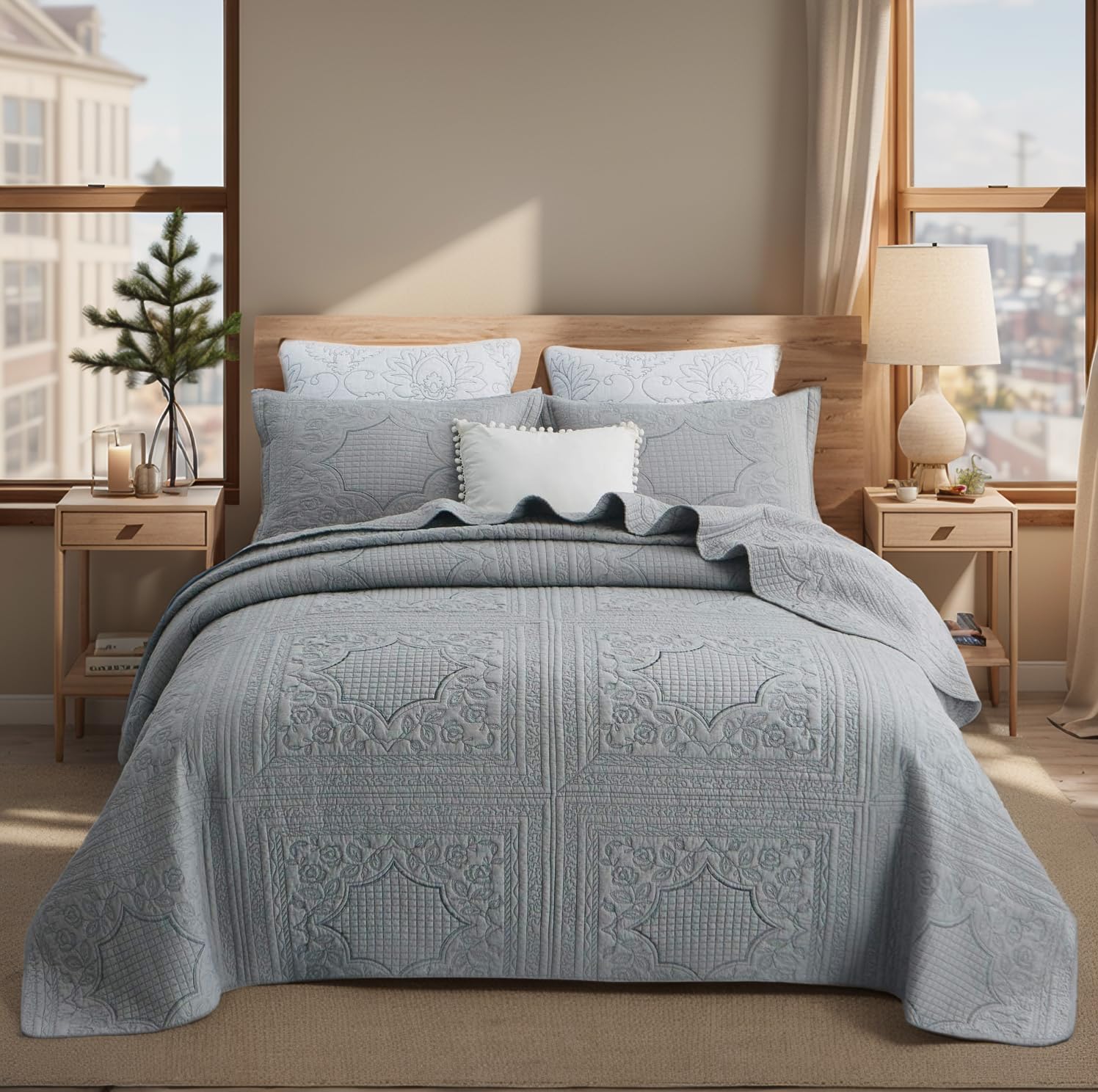 Brandream Luxury Quilt Bedding Set - Farmhouse Vintage Style Grey Cotton Quilted Bedspread Coverlet Set for Queen/Full Size (90x98 Inches) - Perfect for Cozy Bedrooms, Guest Rooms & Farmhouse Decor