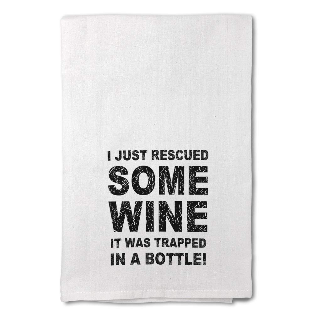 Custom Printed Flour Sack Kitchen Towels - Funny 'I Just Rescued Wine' Dish Towels for Cleaning & Drying | Wine Lover Gift, Bar Accessories, Kitchen Decor