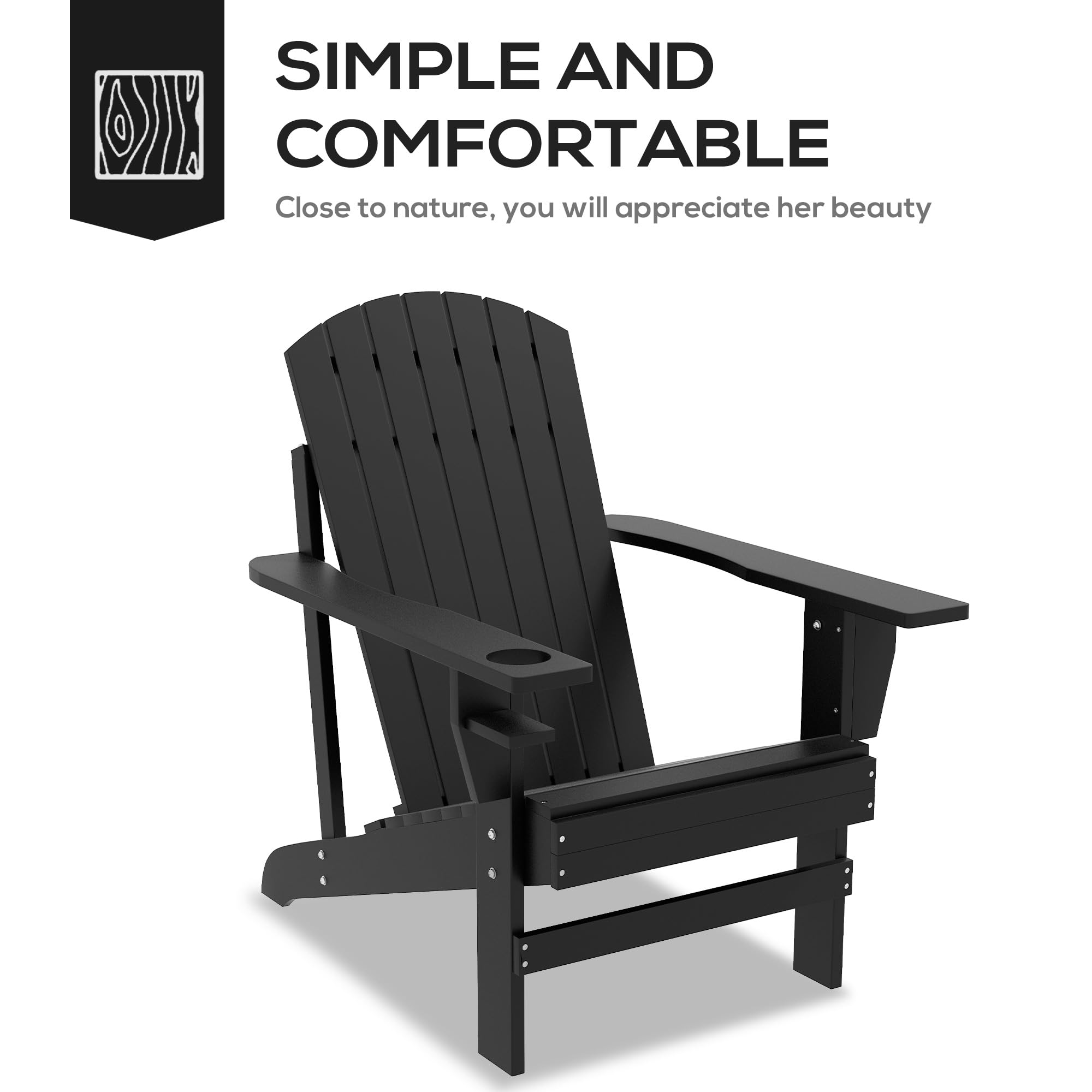 Premium Outsunny Wooden Adirondack Chair - Weather-Resistant Outdoor Patio Furniture with Cup Holder - Classic Lounge Chair for Deck, Garden, Backyard & Fire Pit - Perfect for Relaxing, Sunbathing & Outdoor Gatherings - Black