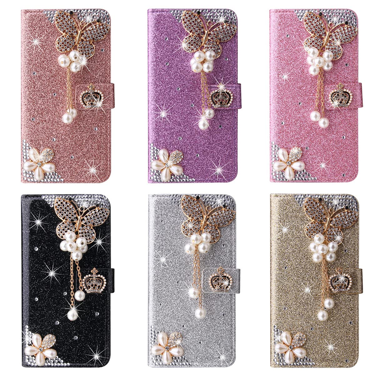 Luxury Bling Glitter Crown Butterfly Diamond Wallet Case for iPhone 13 Pro 6.1 Inch - Flip Cover with Card Slot for Women (Rose Gold) | Perfect for Parties, Dating & Everyday Use