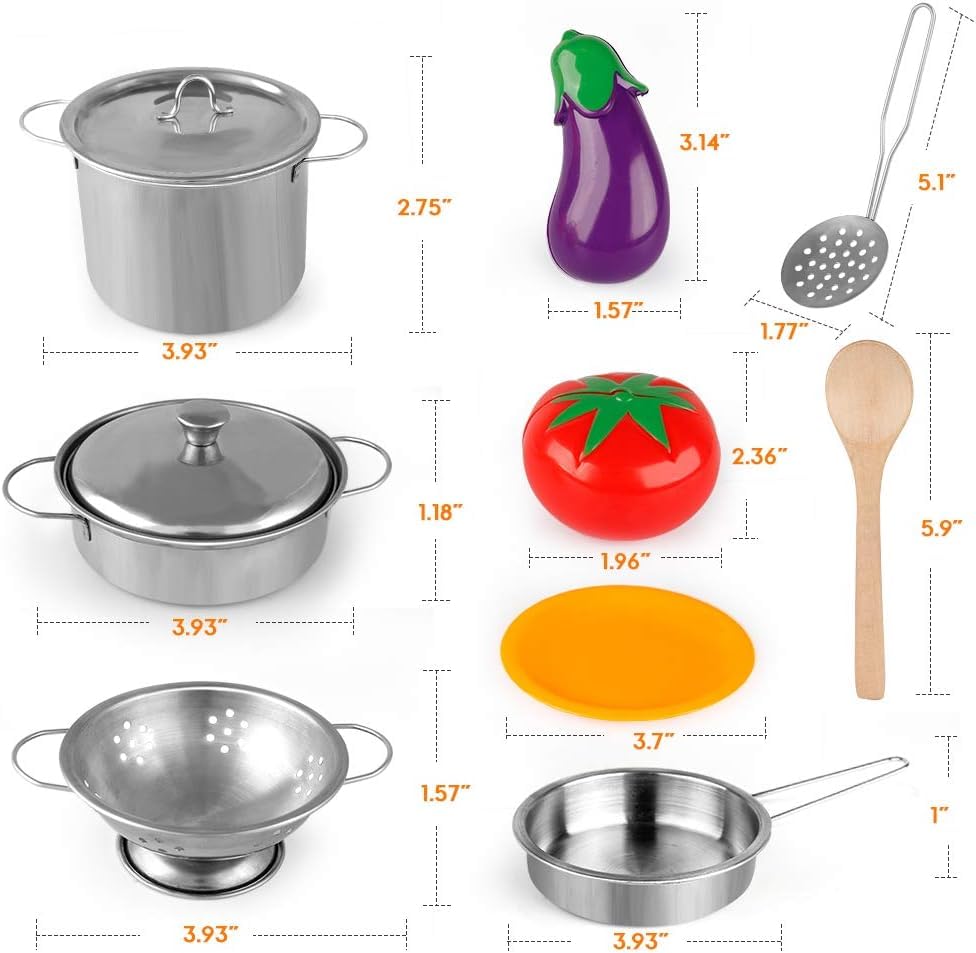 D-FantiX Kids Pretend Play Kitchen Set - Stainless Steel Pots & Pans, Cooking Utensils, Chef Apron & Hat, Cutting Food Toys for Toddlers Boys & Girls | Educational Role Play Toy for Preschool Learning & Imagination Development
