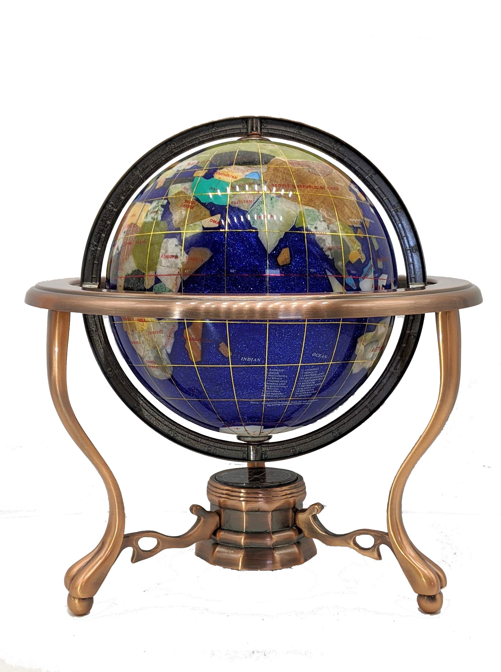 10-Inch Tall Crystal Ocean Gemstone World Globe with Copper Tripod Stand - Unique Art Tabletop Decor for Home Office, Meditation Room & Gift Giving (Blue Crystallite)