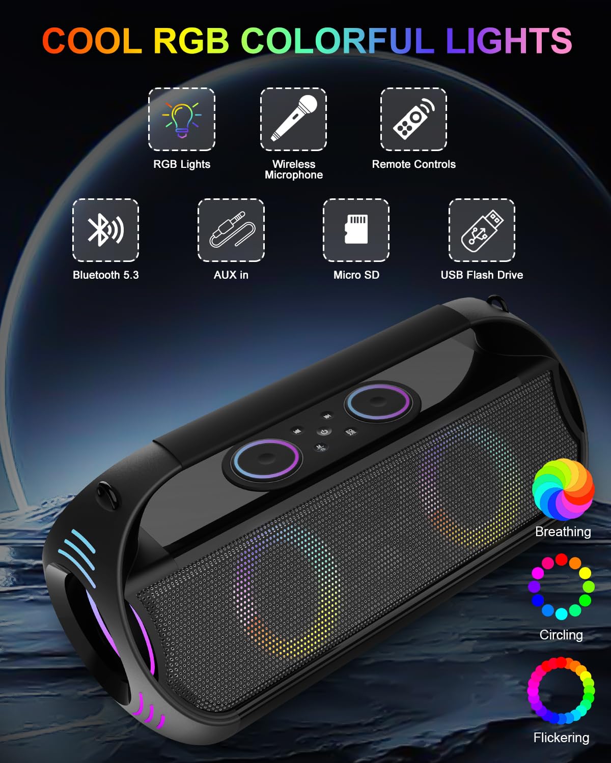 160W Karaoke Machine with 2 Wireless Microphones - Bluetooth Speaker, 20H Playtime, LED Light Show, 2+2 Stereo, Bass Boost 3.0 - Supports RC/REC/HP/AUX/USB/TF - Perfect for Parties, Camping, Outdoor Gatherings & Home Entertainment (Plus-Black)