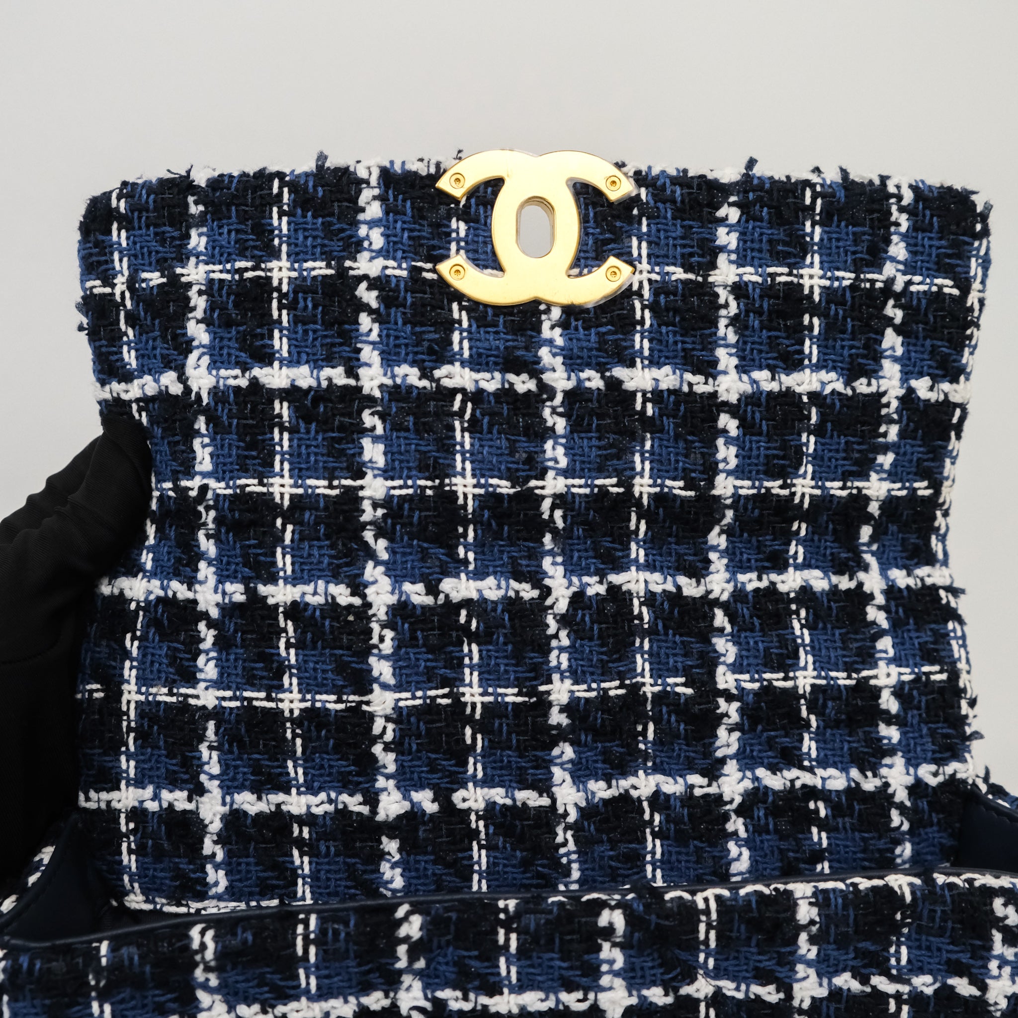 Chanel 19 Small Handbag in Blue, White & Black Grid Tweed with Mixed Hardware - Perfect for Work, Travel & Evening Events