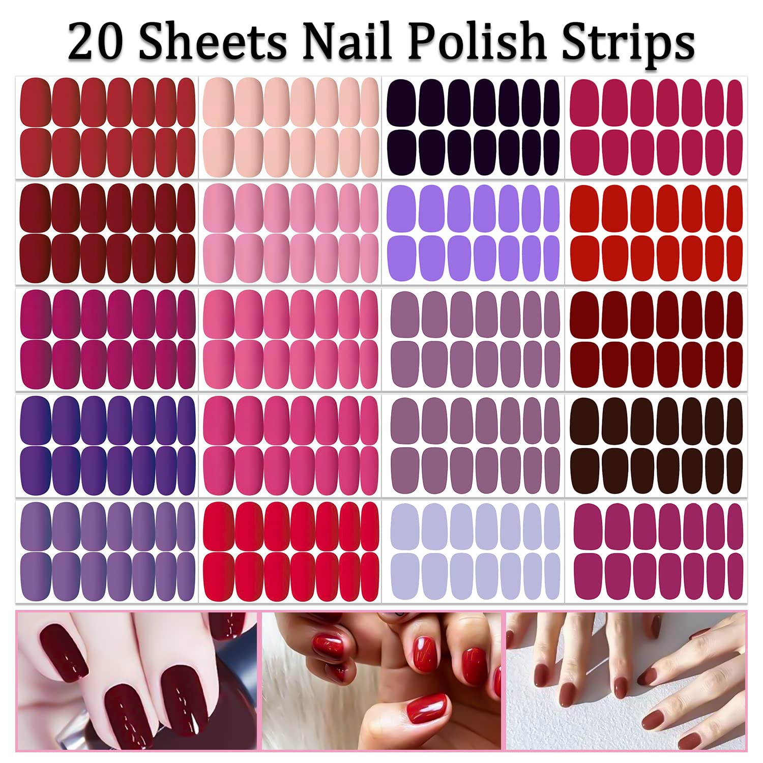 SILPECWEE 20 Sheets Solid Color Matte Nail Polish Strips - Self Adhesive Nail Stickers with Nail File | Long Lasting DIY Nail Art Wraps for Women | Perfect for Home Manicures, Parties & Gifts