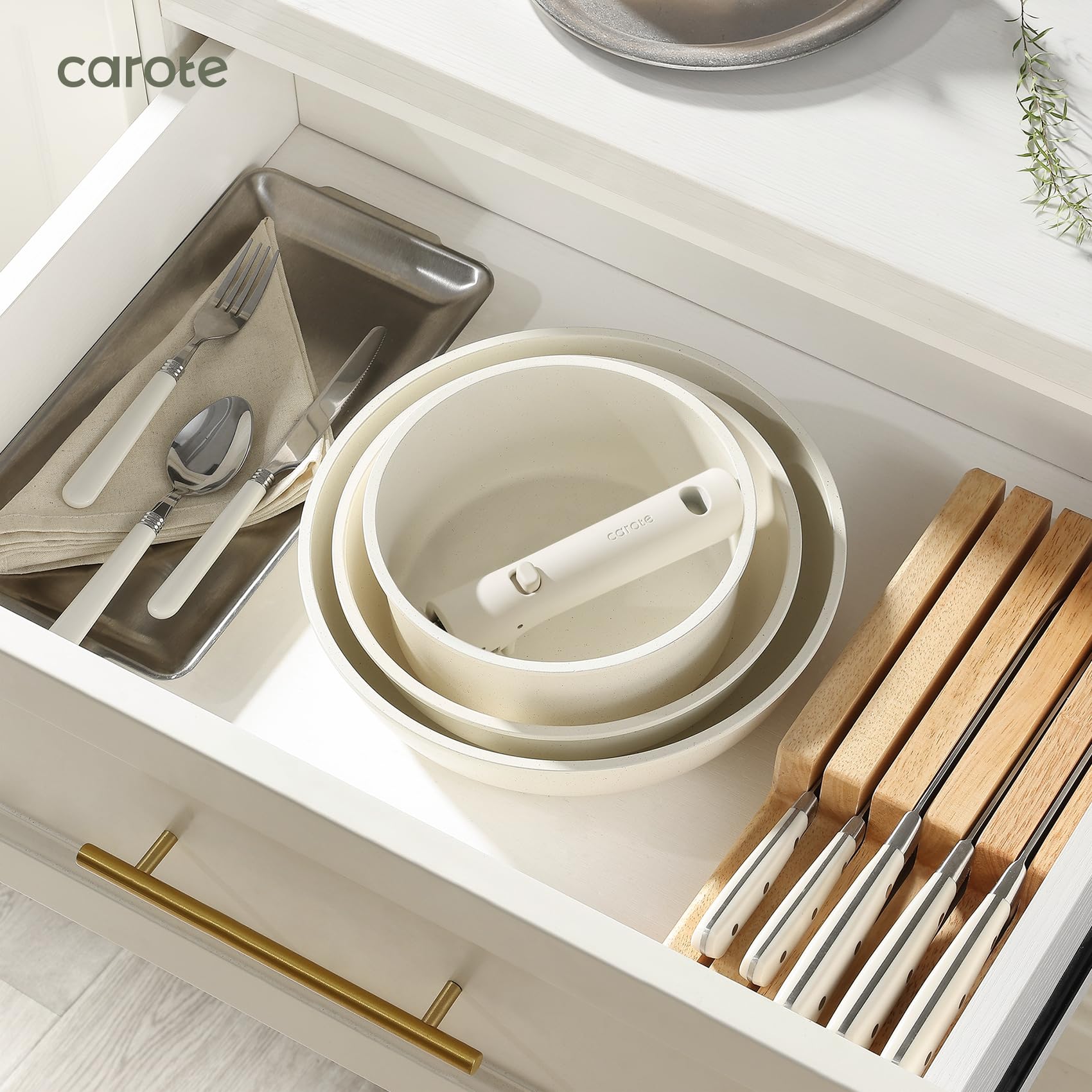 CAROTE 23-Piece Nonstick Cookware Set - Induction Compatible Pots and Pans with Detachable Handle, Oven/Dishwasher Safe, Space Saving Kitchen Set for RV, Apartment & Small Spaces - Cream Color