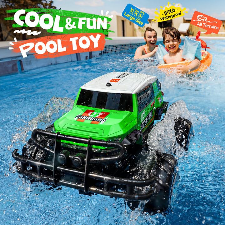 Ruko 1601AMP2 1:10 Scale Amphibious RC Car - Waterproof All-Terrain Remote Control Monster Truck with LED Lights | 2 Rechargeable Batteries | Perfect Gift for Boys & Kids | Outdoor, Beach, Snow & Off-Road Adventure (Green)