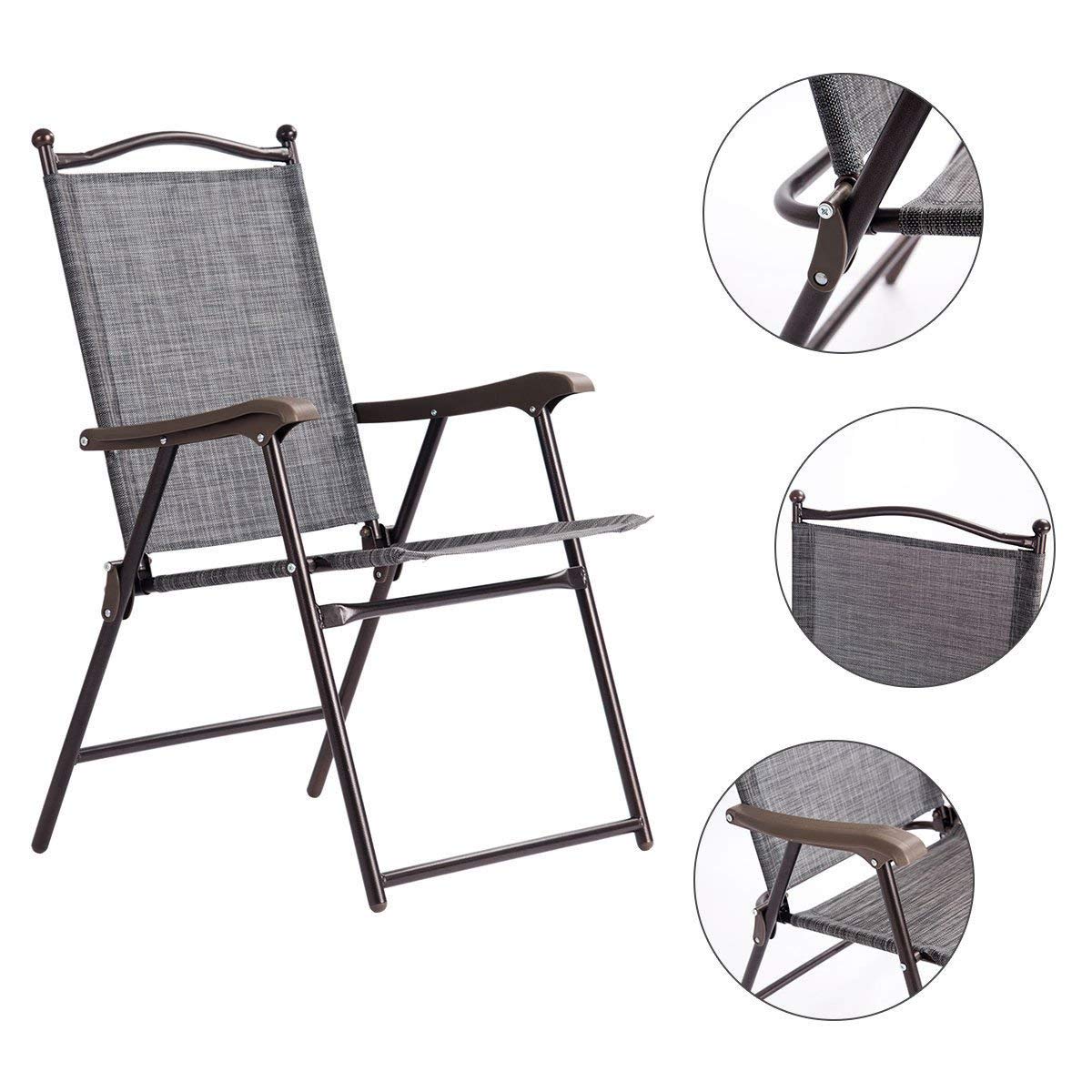 Giantex Set of 2 Folding Patio Chairs with Armrests - Lightweight Sling Lounge Chairs for Indoor Outdoor Use, Garden, Poolside, Beach, Camping & Backyard - Easy Assembly Metal Frame Grey Patio Furniture