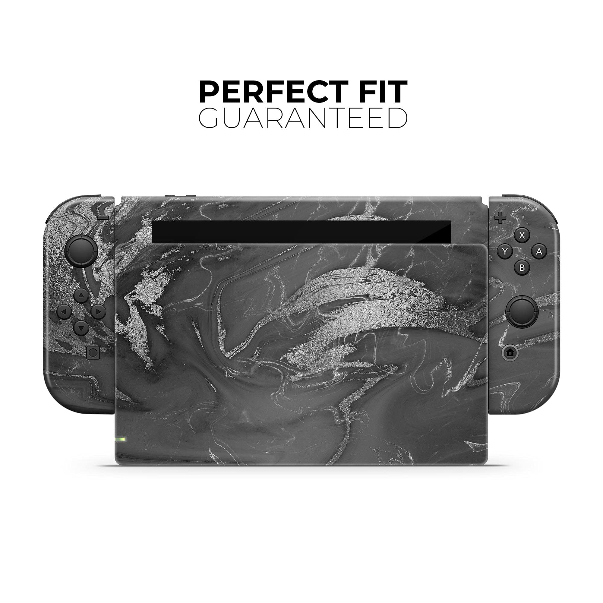 Nintendo Switch Protective Vinyl Wrap Cover - Black & Silver Marble Skin Decal - Scratch-Resistant Removable Console Bundle Accessory - Perfect for Gaming Protection & Customization