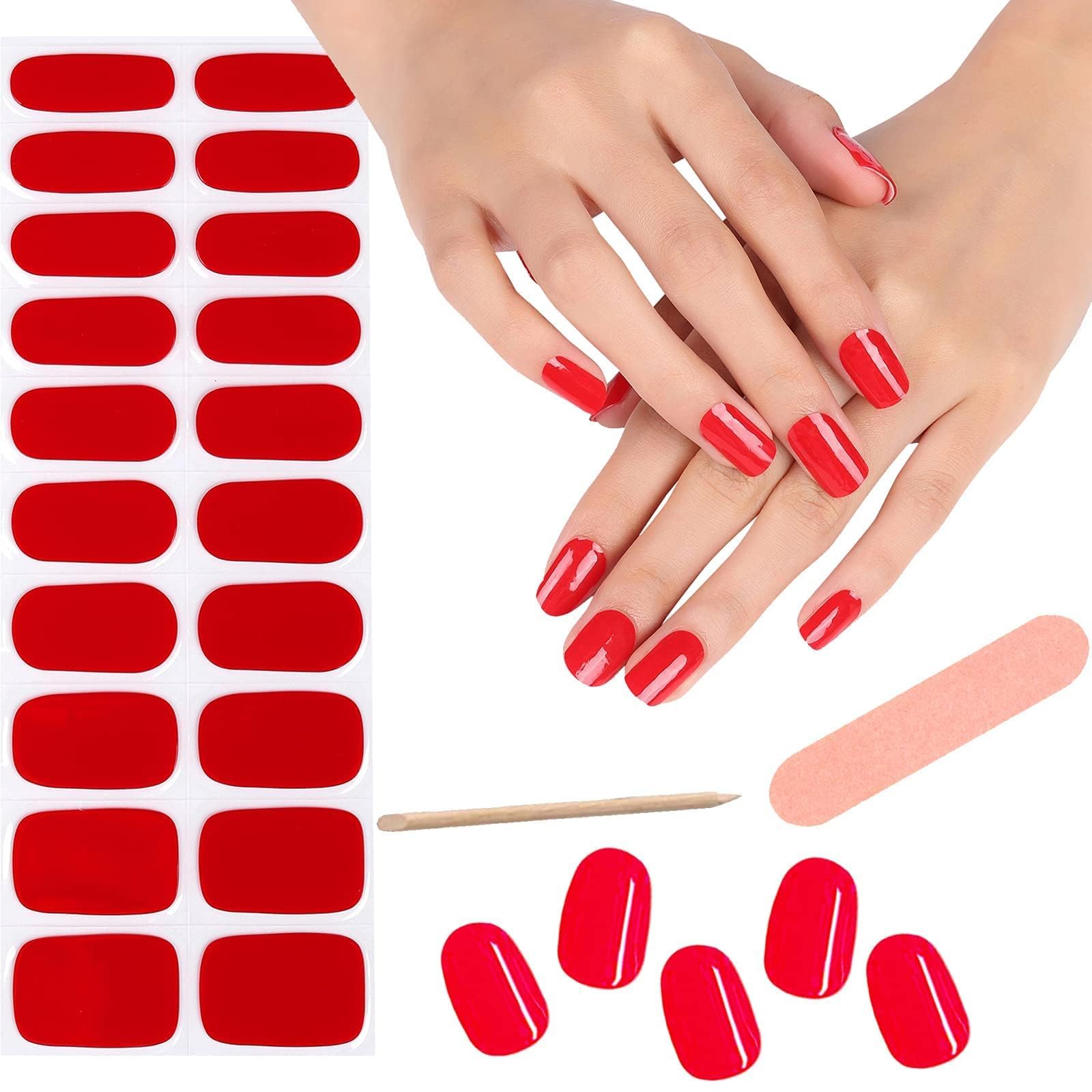 EBANKU Red Cured Gel Nail Strips - Long Lasting Waterproof Nail Polish Wraps with Nail File & Stick (UV/LED Lamp Required) - Perfect for Salon, Home Manicure, Parties & Special Occasions