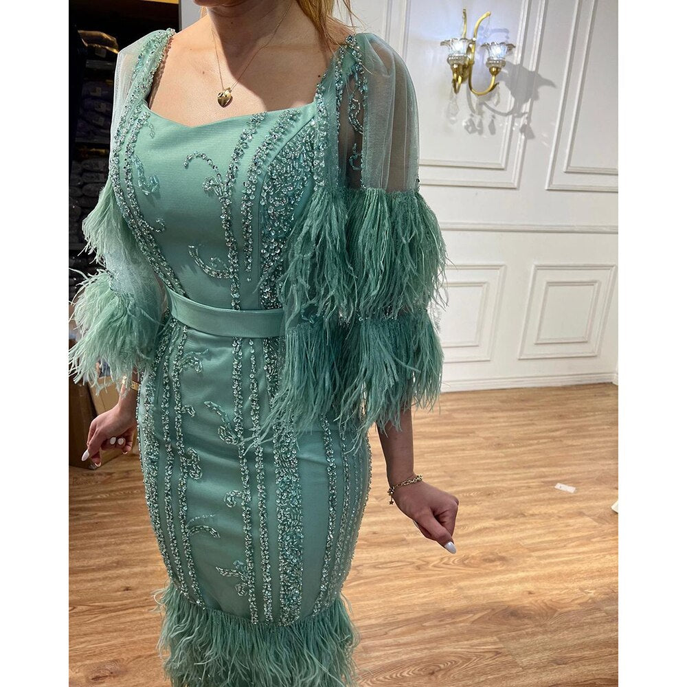 Serene Hill Luxury Turquoise Mermaid Evening Dress 2025 - Beaded Feather Elegant Gown for Women | Perfect for Prom, Gala, Wedding & Formal Parties