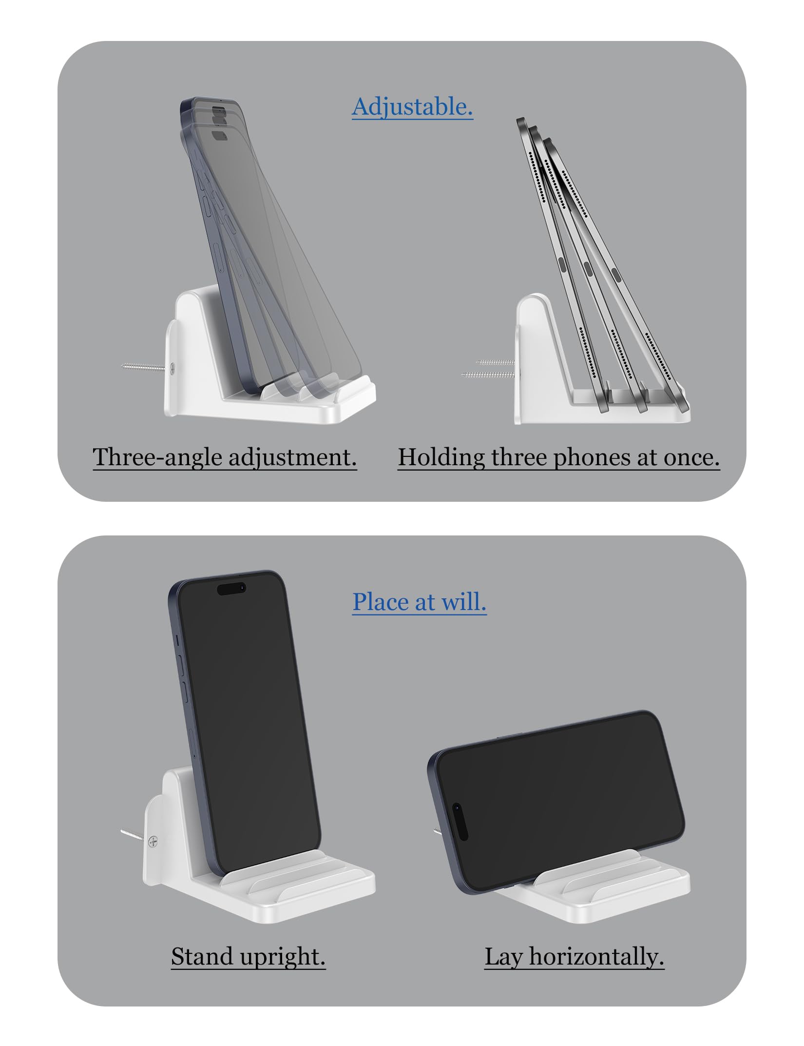 Wall Mount Phone Holder for iPhone & Smartphones, Tablet Stand Compatible with iPad & Kindle - Adjustable 3-Slot Design for Bathroom, Bedroom & Kitchen - Perfect for Hands-Free Viewing While Cooking, Showering or Relaxing (White)