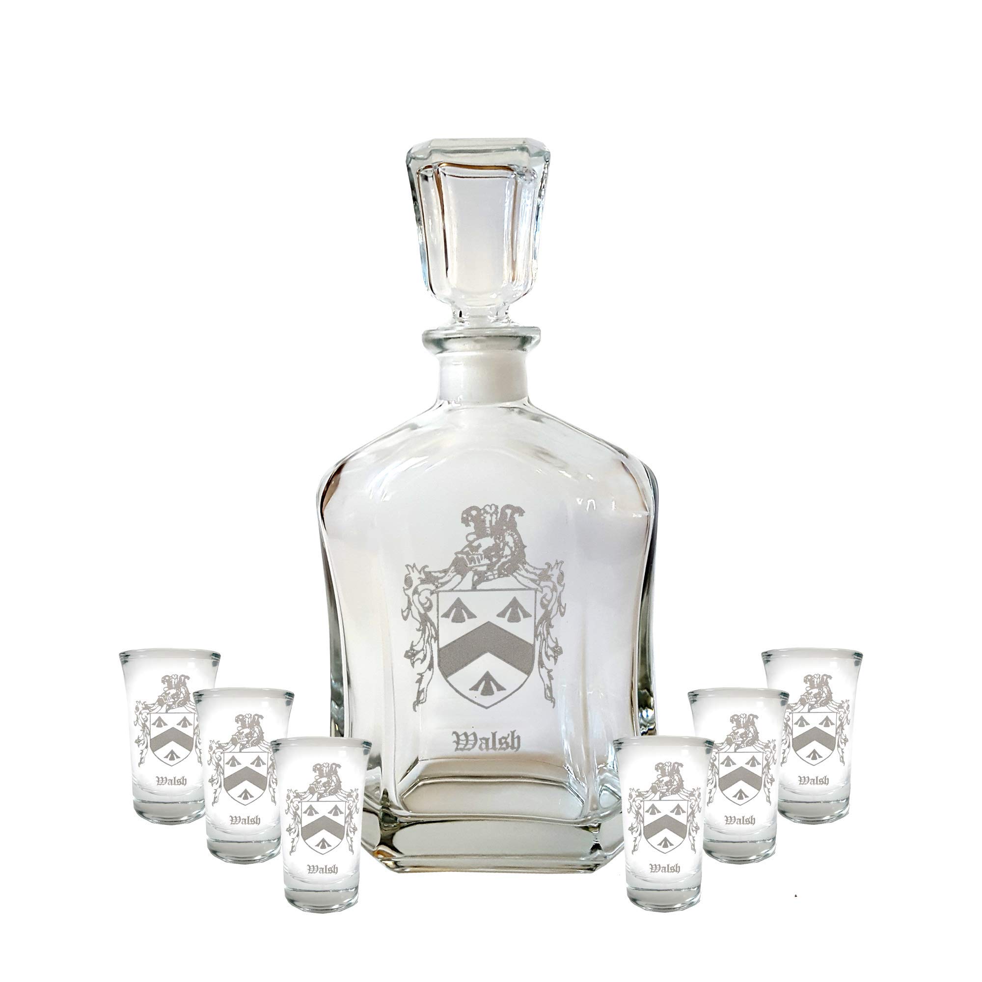 Engraved Family Crest Whiskey Decanter & Shot Glass Set - Personalized Coat of Arms Barware Gift for Men, Whiskey Lovers & Home Bar Decor