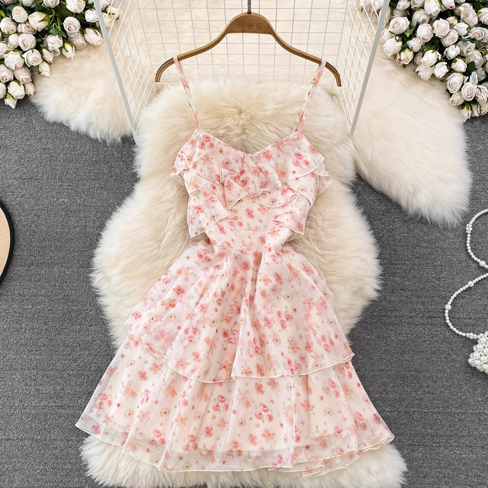 Korean Style V-Neck Ruffled A-Line Floral Dress 1625 - Elegant Summer Dress for Women, Perfect for Weddings, Parties & Casual Outings