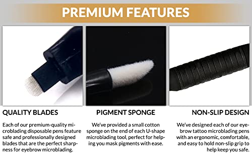 10-Pack Mellie's Signature Microblading Disposable Pens - Sterilized .18mm V16 Blades with Comfortable Rubber Grip & Pigment Sponge (Black) - Perfect for Eyebrow Microblading, Ombre Brows & Semi-Permanent Makeup
