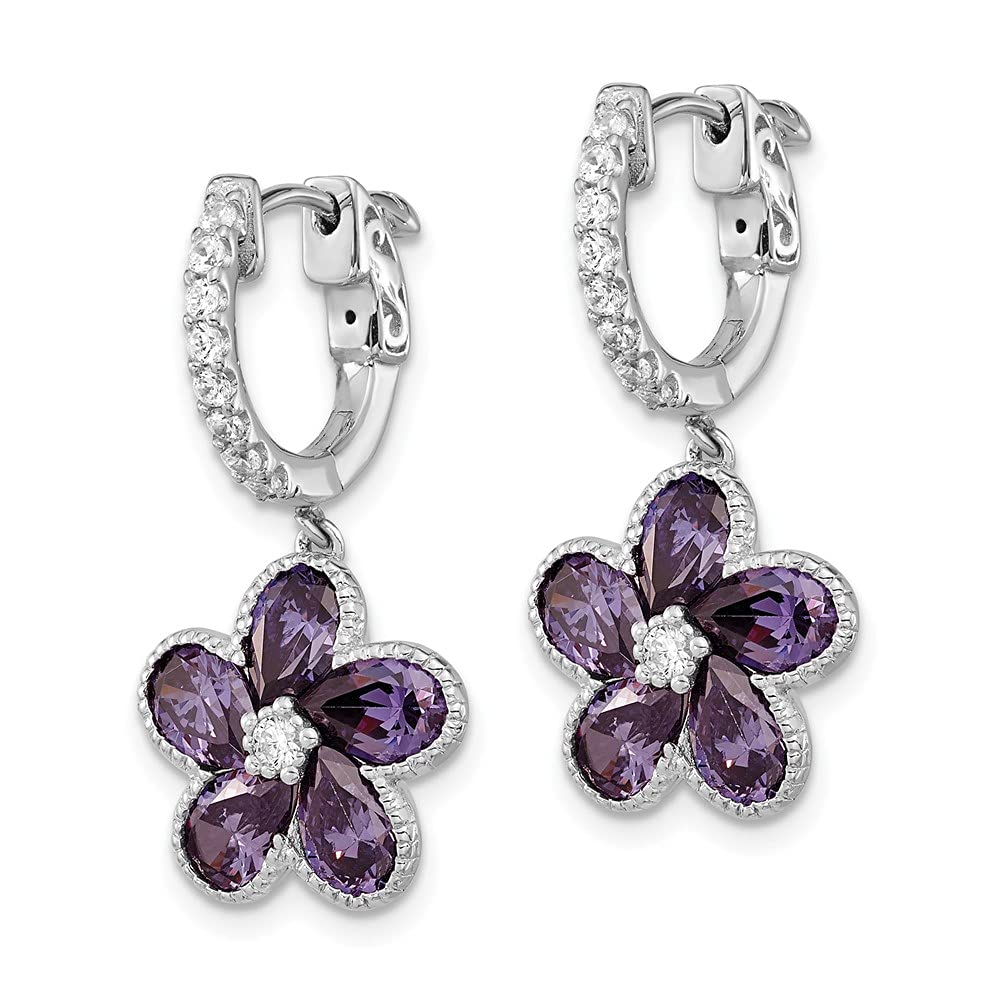Sterling Silver Purple & White CZ Flower Hoop Dangle Earrings for Women | 27mm x 13mm | Elegant Fashion Jewelry for Parties, Weddings & Everyday Wear