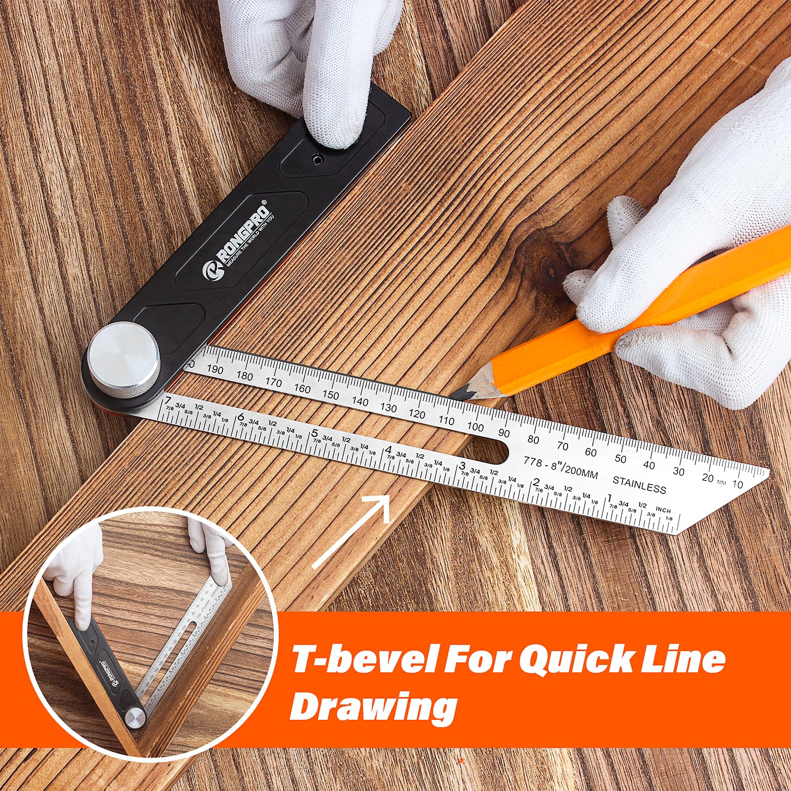 10 Inch Woodworking Square Ruler & T-Bevel Gauge Set - 1/16