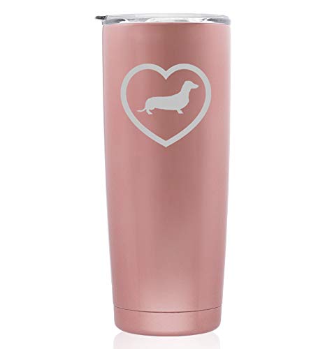 Rose Gold Double Wall Vacuum Insulated Stainless Steel Tumbler with Dachshund Heart Design - 20oz Skinny Travel Mug for Coffee, Tea & Cold Drinks - Perfect for Office, Commuting & Outdoor Activities