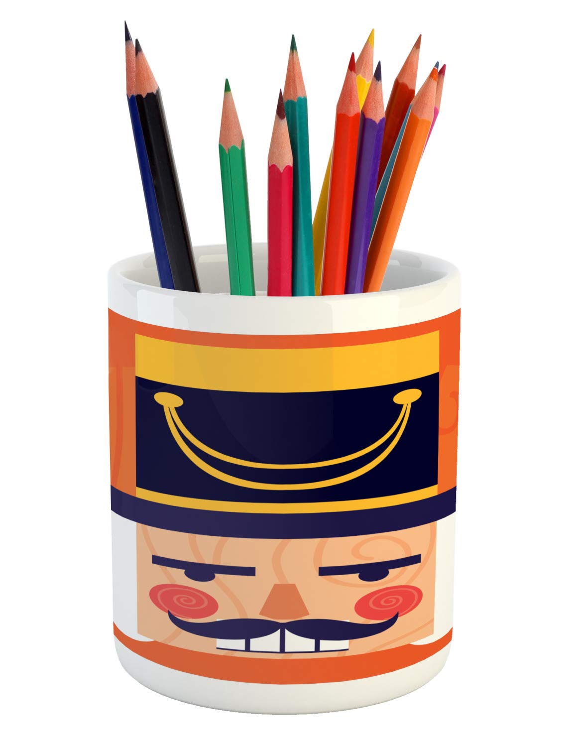 Lunarable Nutcracker Ceramic Pen Holder - Christmas Cartoon Guardsman Design, Burnt Orange & Multicolor Desk Organizer for Office, School & Home Decor | Perfect Holiday Gift & Christmas Decoration