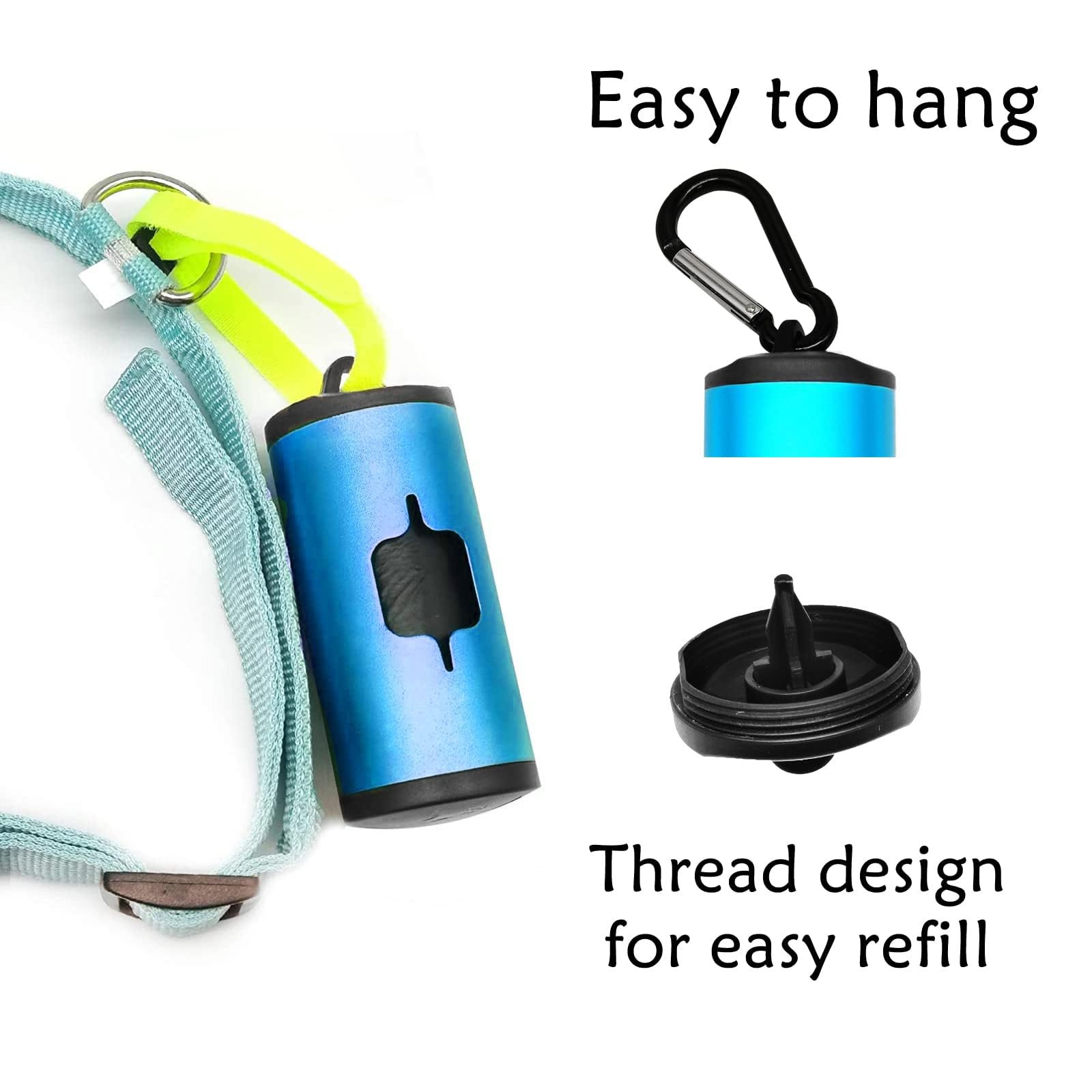 **Eco-Friendly Aluminum Dog Poop Bag Holder with Carabiner – Metal Pet Waste Dispenser with Hook & Loop Fastener & Elastic Cord – Includes 15 Bags (Blue) – Perfect for Walking, Hiking & Travel**