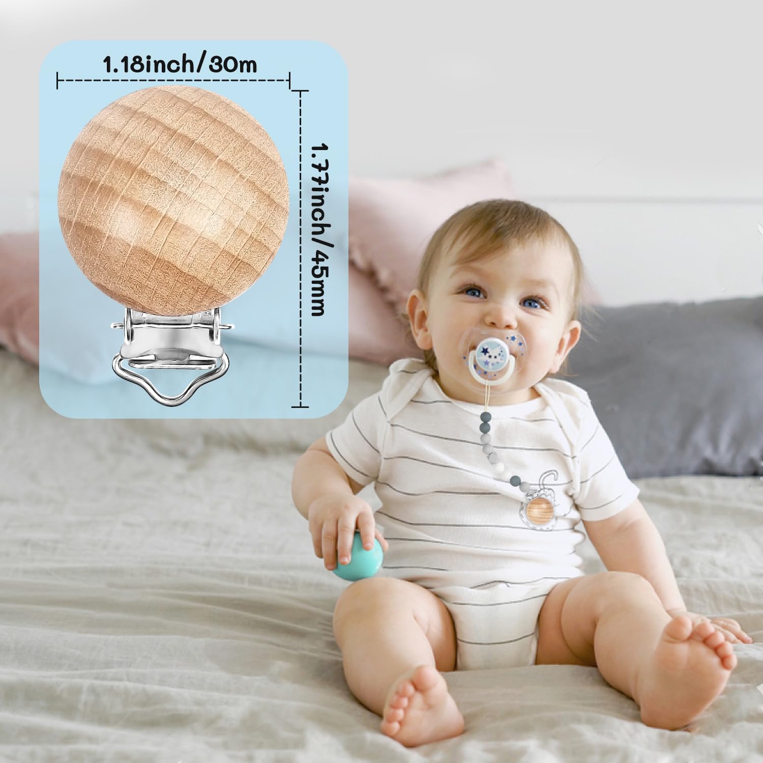 32-Piece Natural Beech Wood Pacifier Clips - DIY Pacifier Holder & Teething Toy for Babies - Safe Pacifier Chain Accessory for Strollers, Car Seats & Daily Use