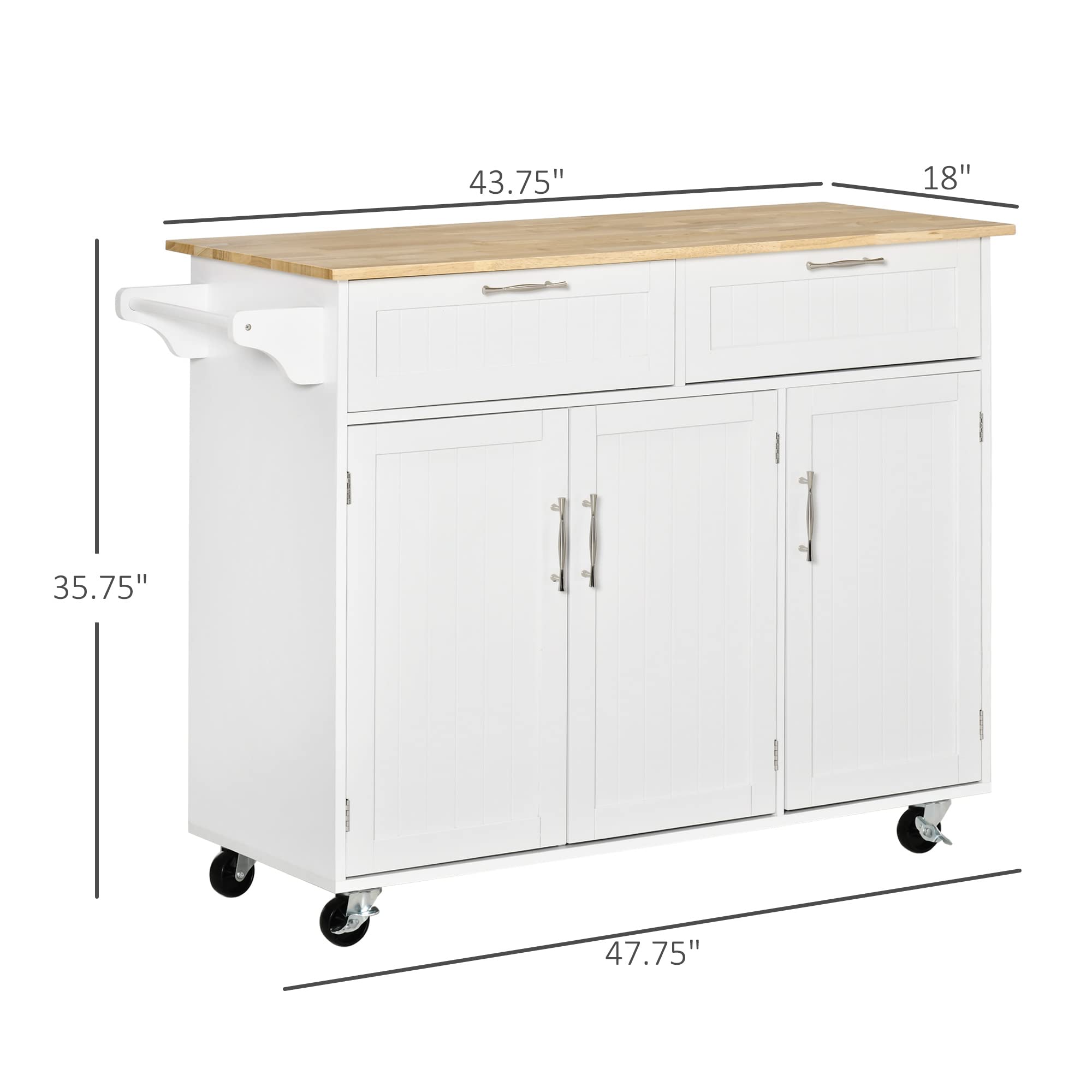 HOMCOM White Mobile Kitchen Island with Storage, Wood Top Kitchen Cart, 3-Door Cabinets, Adjustable Shelves & Towel Rack for Small Spaces, Apartments & Compact Kitchens
