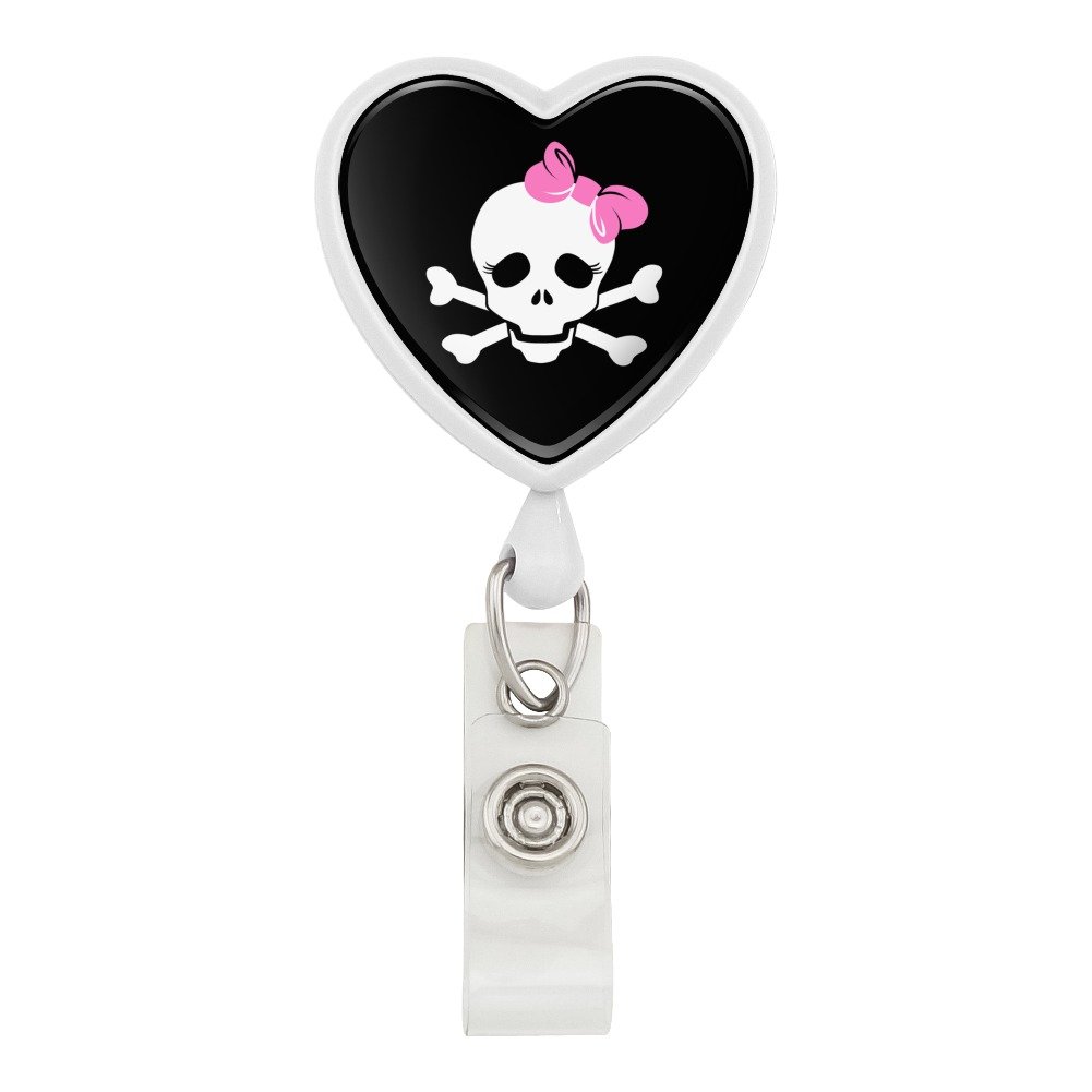 Skull and Crossbones Stick Figure Family Lanyard with Pink Bow & Heart - Retractable Badge ID Card Holder for Women & Girls - Perfect for Work, School, and Events (White)