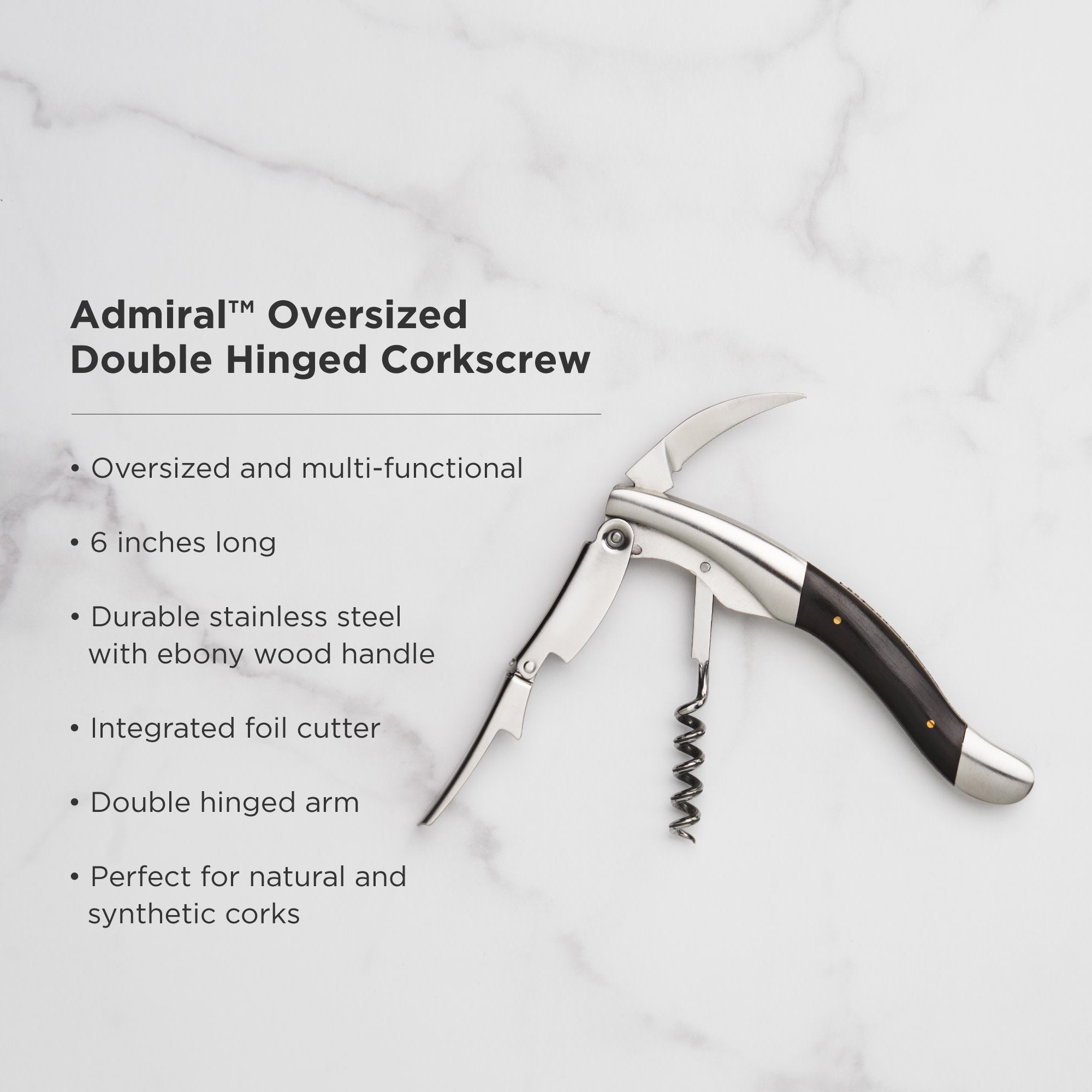 Premium Admiral Heavyweight Corkscrew with Ebony Wood Handle - Durable Wine Opener for Home Bars, Restaurants & Wine Tasting Events