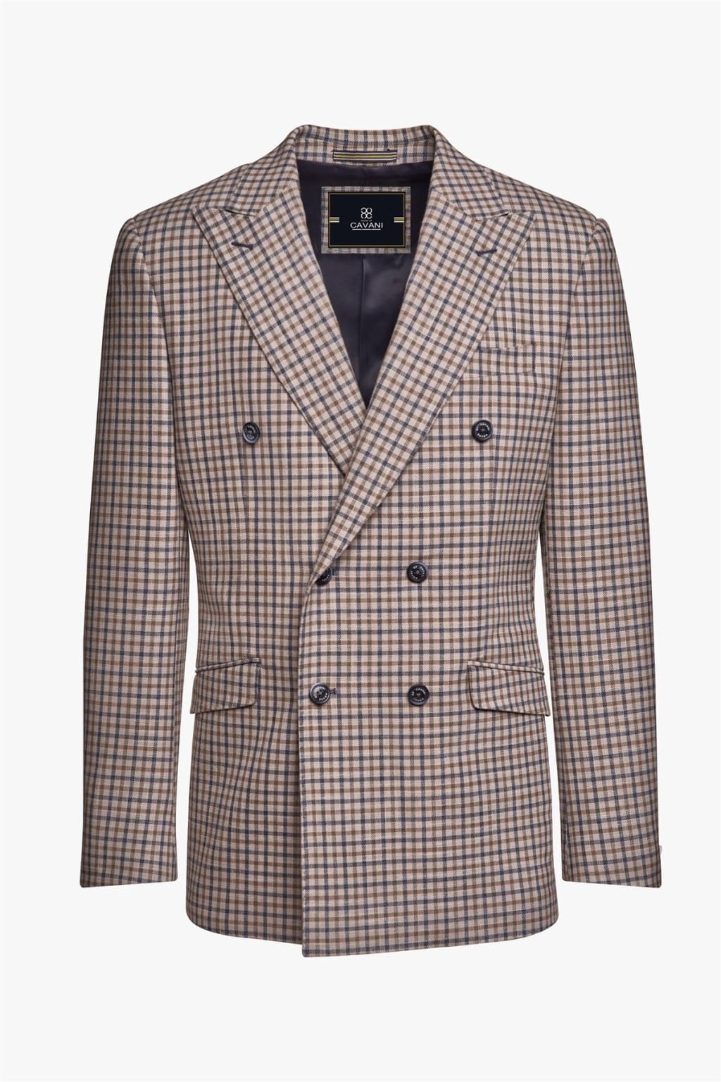 Sergio Cavani Double Breasted Beige Checkered Blazer for Men | Formal Business Suit Jacket | Perfect for Office, Weddings & Special Events