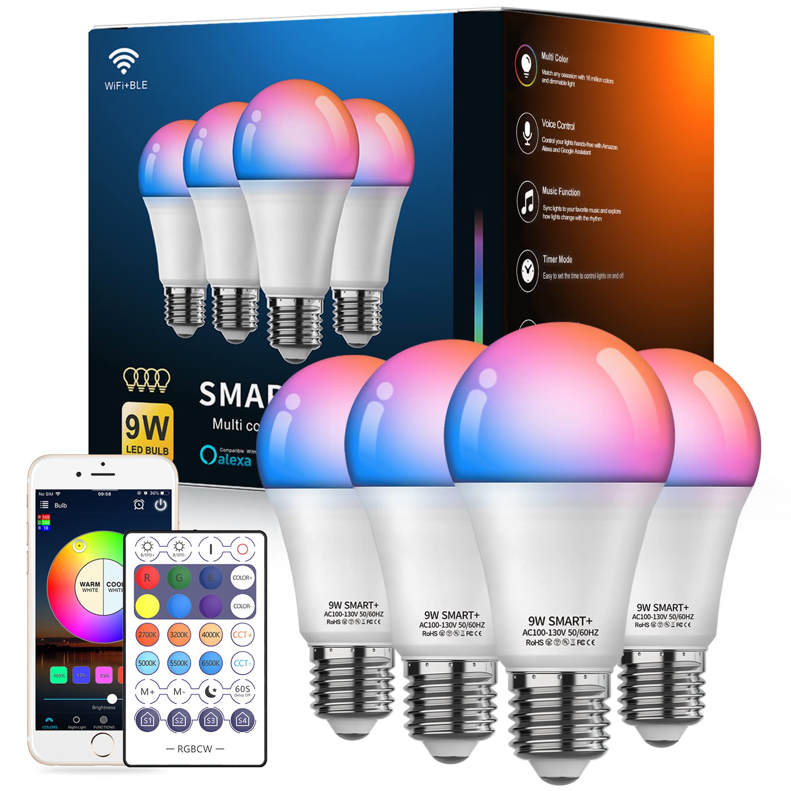 4-Pack Smart LED Light Bulbs with Remote - A19 E26 800LM Color Changing WiFi & Bluetooth 5.0 Bulbs - Warm to Cool White Dimmable RGB Lighting - Works with Alexa & Google Assistant - Perfect for Home, Bedroom, and Party Decor