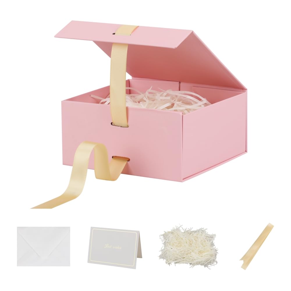 Pink Luxury Gift Box with Ribbon - 6x6x3 Inch Magnetic Closure Collapsible Box (1 Pack) | Elegant Present Packaging for Mother's Day, Birthday, Anniversary | Perfect for Jewelry, Candles & Small Gifts