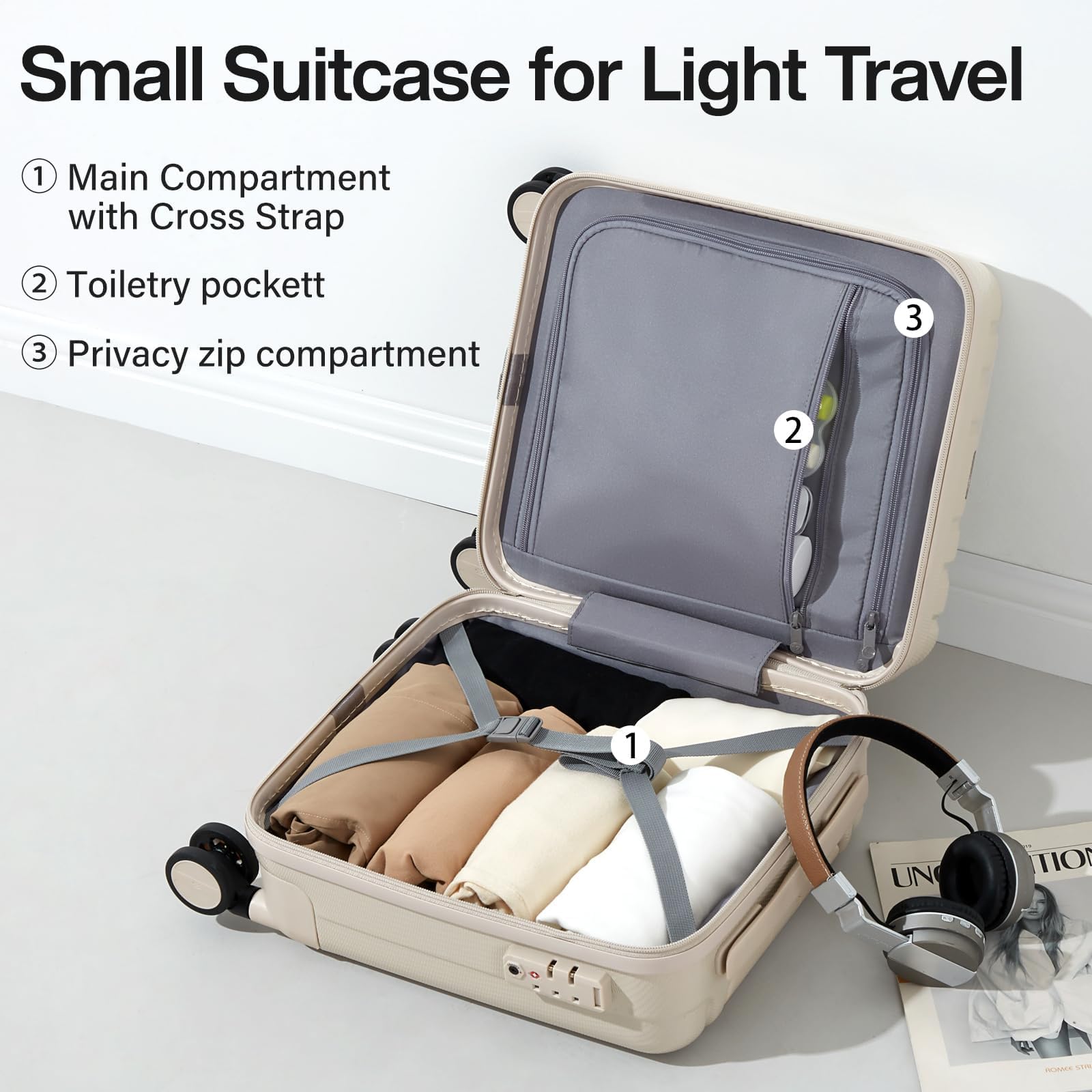 Hanke 14 Inch Underseat Carry On Luggage - Lightweight Hard Shell Suitcase with Wheels, Compact Weekender Travel Bag for Women & Men (Ivory White) | Perfect for Airplane Cabin, Business Trips & Weekend Getaways