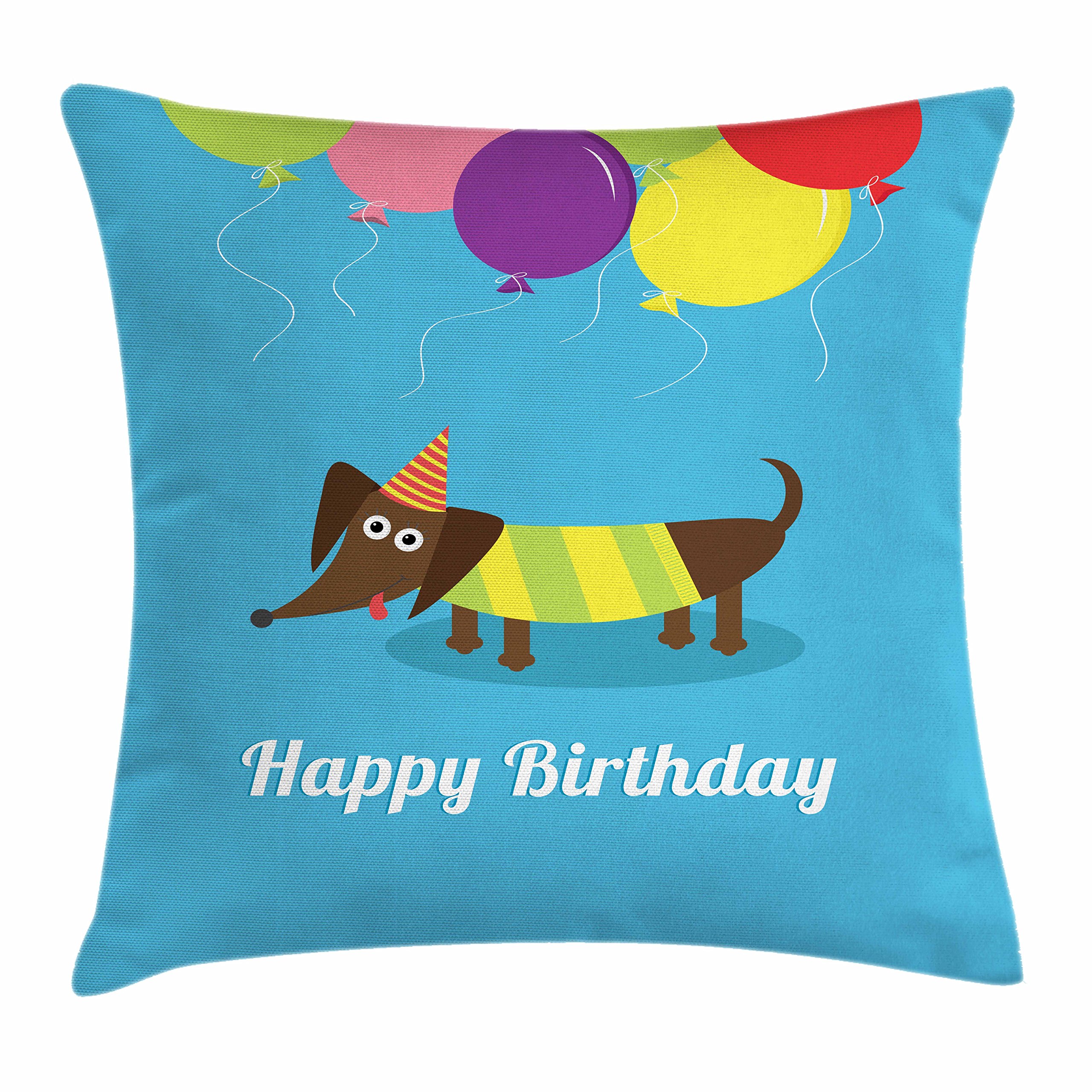 Ambesonne Dachshund Throw Pillow Cover 20x20 Inch - Happy Birthday Dog & Balloons Design, Decorative Square Cushion Case for Sofa, Bed, Living Room - Multicolor Dachshund Breed Canine Illustration Home Decor Gift