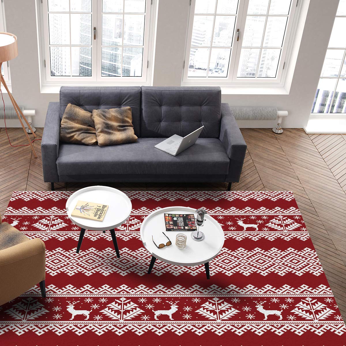 2' x 3' Christmas Area Rug with Non-Slip Backing - Easy Clean Indoor Outdoor Rug for Living Room, Patio, Deck - Scandinavian Winter Reindeer Design - Perfect for Holiday Decor, Cozy Home & Festive Gatherings