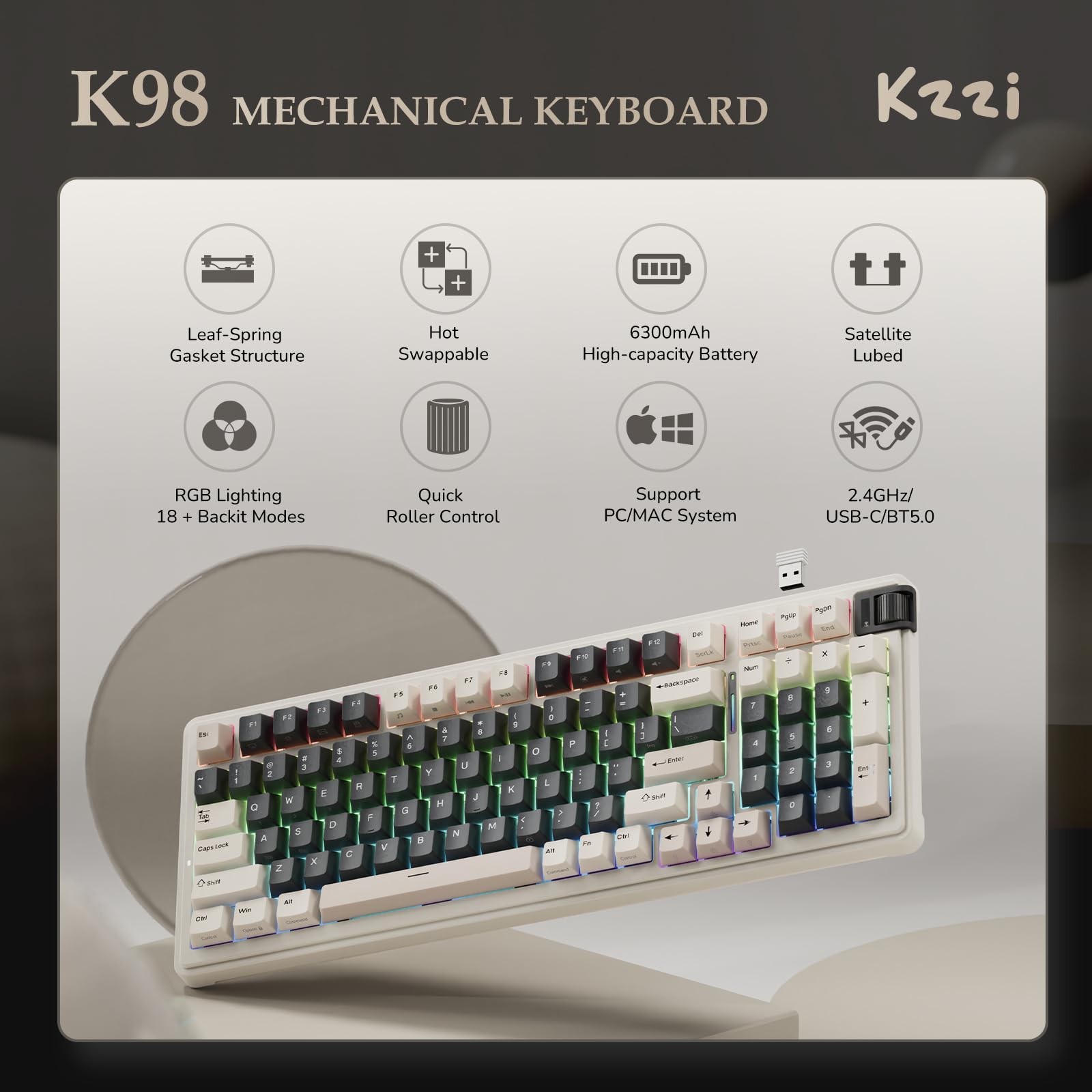 K98 Wireless Mechanical Gaming Keyboard - Triple Mode (Bluetooth 5.0/2.4Ghz/USB-C) with RGB Backlit, Hot-Swappable Switches & Gasket Mount | Pre-Lubed Linear Switches | Customizable via Software | Perfect for PC Gaming, Office Work & Typing Enthusiasts