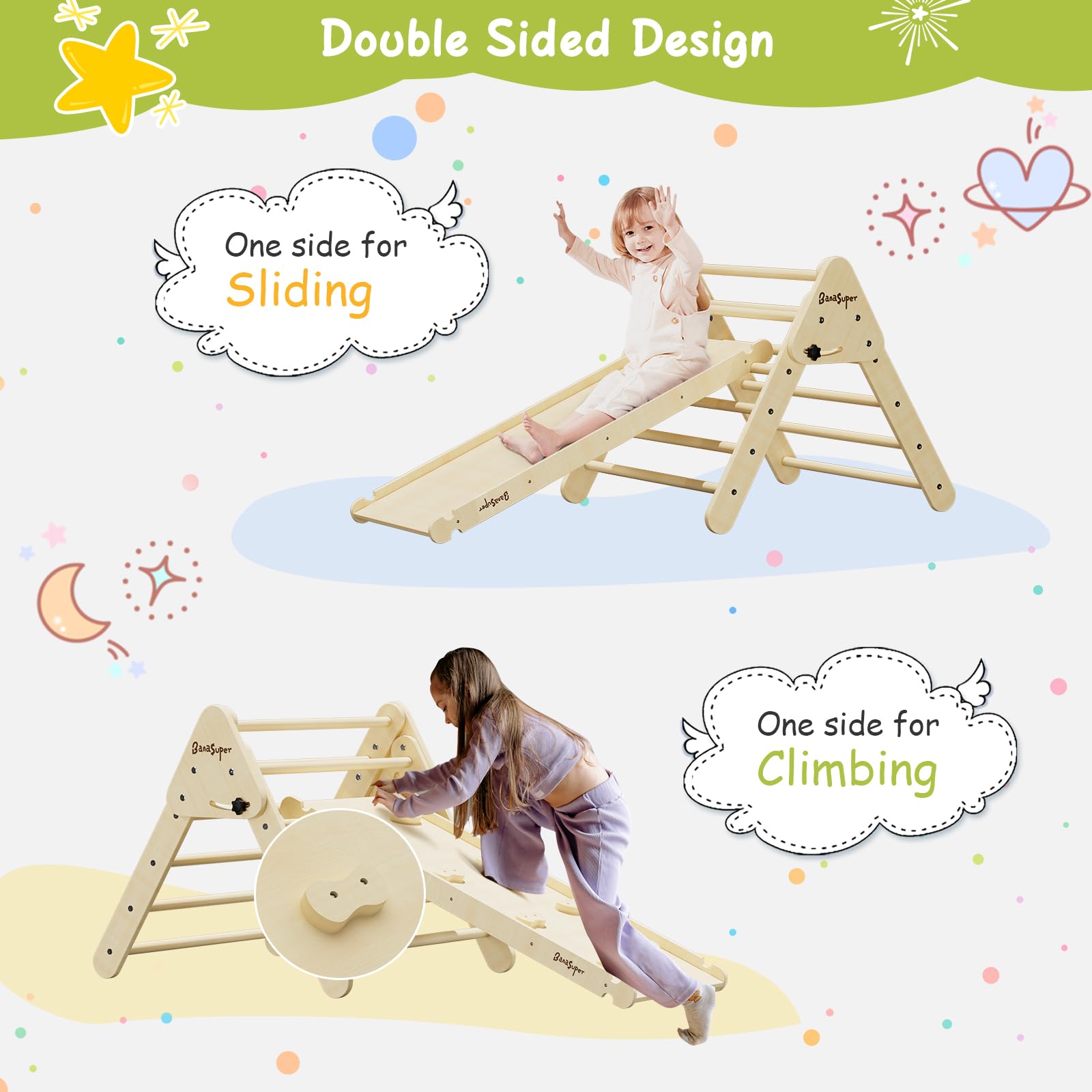 BanaSuper 3-in-1 Foldable Wooden Climbing Triangle Set with Ramp & Arch - Montessori Toddler Climbing Gym for Indoor & Outdoor Play - Perfect Gift for Boys & Girls - Ideal for Playrooms, Backyards, and Preschools