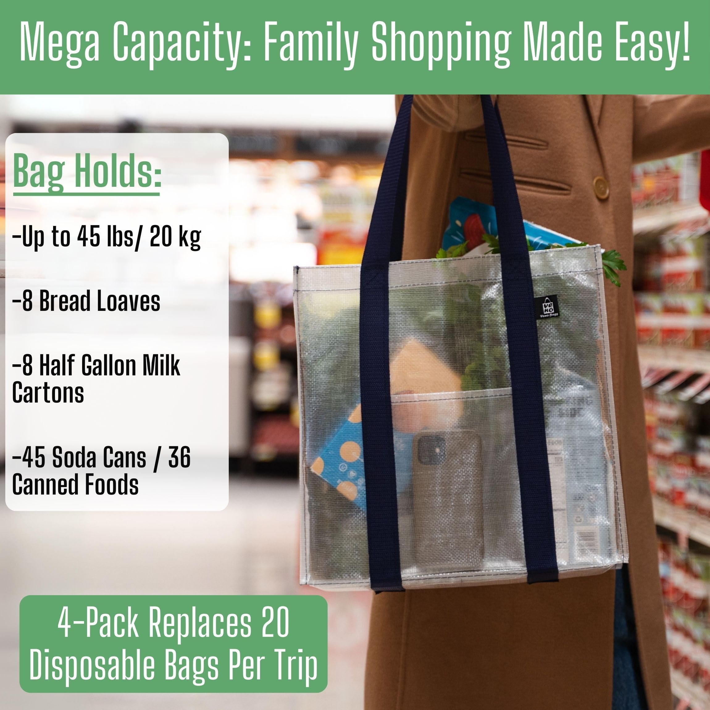 VENO 4 Pack Heavy-Duty Reusable Grocery Bags with Hard Bottom - Clear Shopping Bags for Supermarket, Farmers Market & Bulk Shopping - Fits Shopping Carts - Eco-Friendly & Durable (4 Pack)