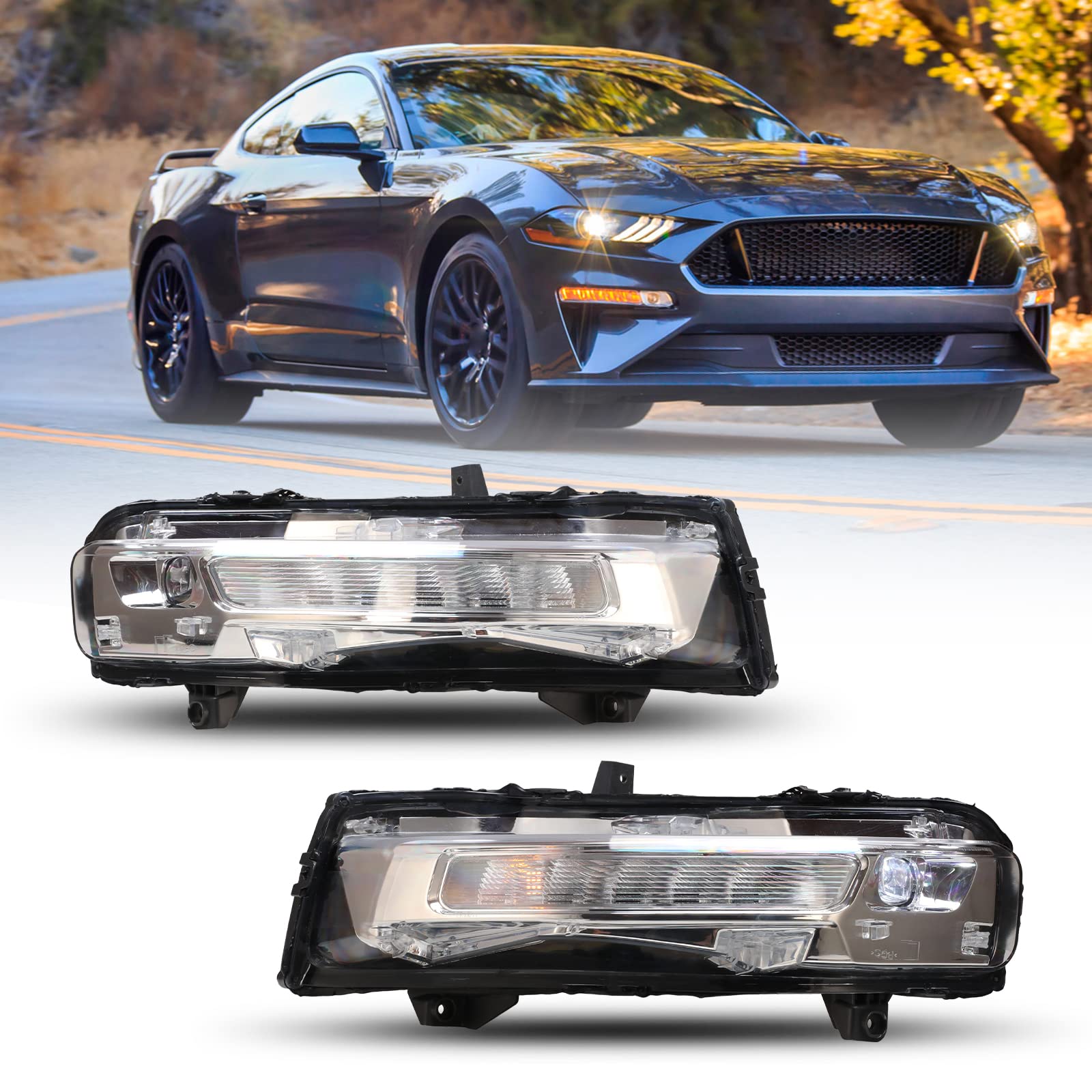ROXX LED Fog Lights Assembly for 2018-2022 Ford Mustang - Sequential Turn Signal & DRL - Direct Replacement Driving Fog Lamps (Driver & Passenger Pair) - Perfect for Night Driving and Enhanced Visibility