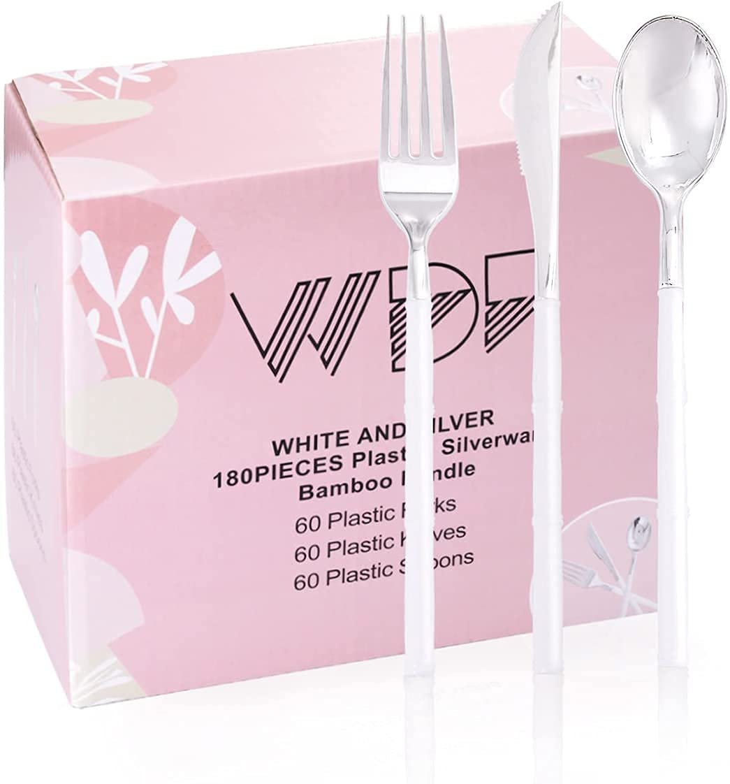 180-Piece Silver Plastic Cutlery Set - Disposable Silver Plastic Forks, Knives & Spoons with 400 Silver Plastic Plates for Parties, Picnics & Catering Events