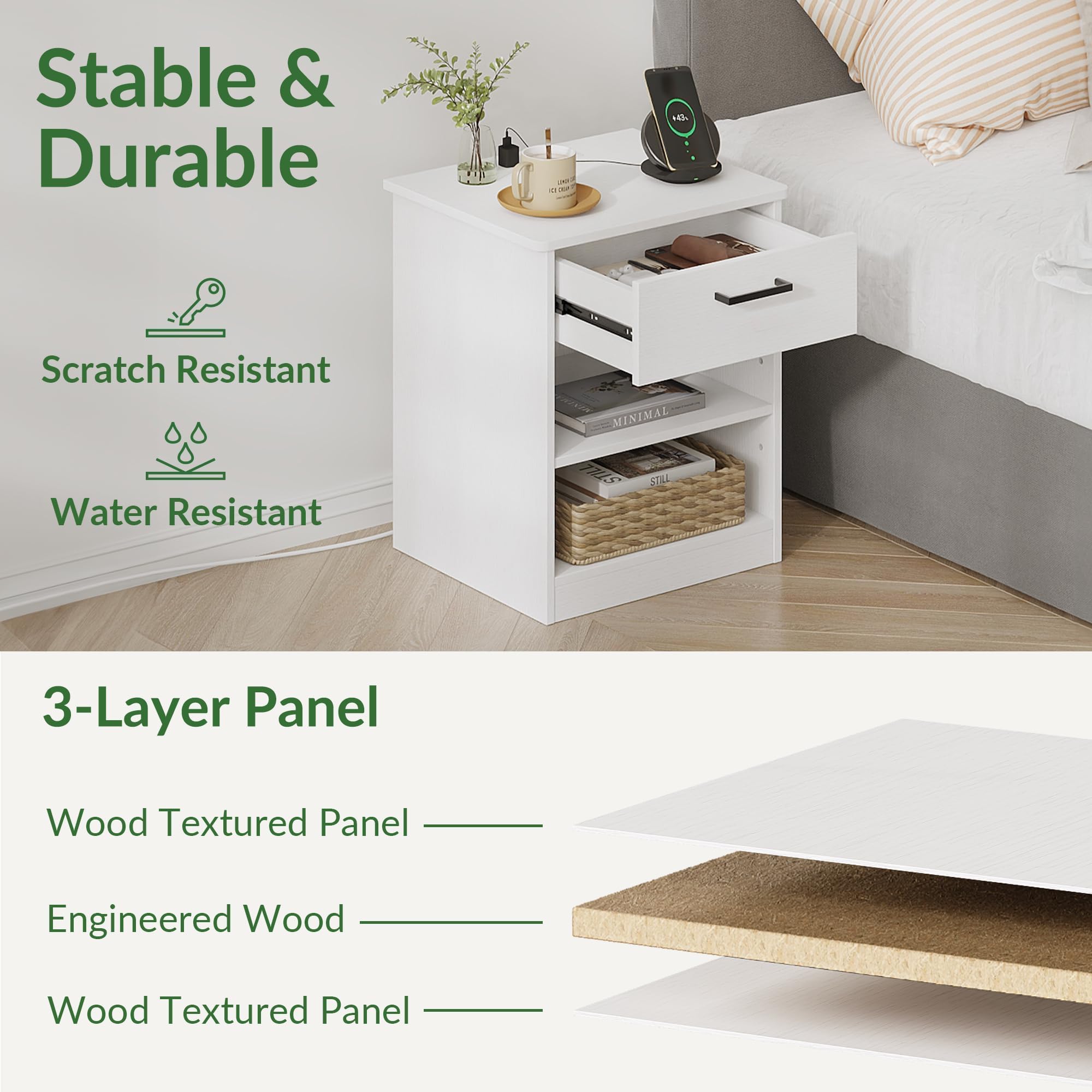 Fast Charging Wooden Side Table with USB C Port - White Nightstand with Drawer & Adjustable Shelf for Bedroom, Living Room, Office - Modern End Table for Phone Charging & Storage (Set of 1)