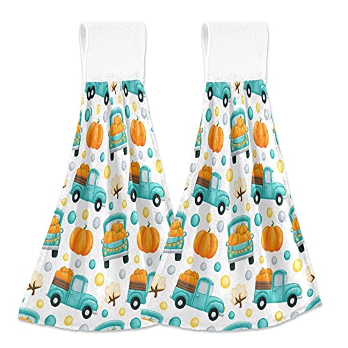 Autumn Pumpkin Kitchen Hand Towels Set of 2 - Absorbent Hanging Towels with Loops for Fall, Thanksgiving, Bathroom & Home Decor | Perfect for Kitchen, Restroom, and Seasonal Holiday Decorations