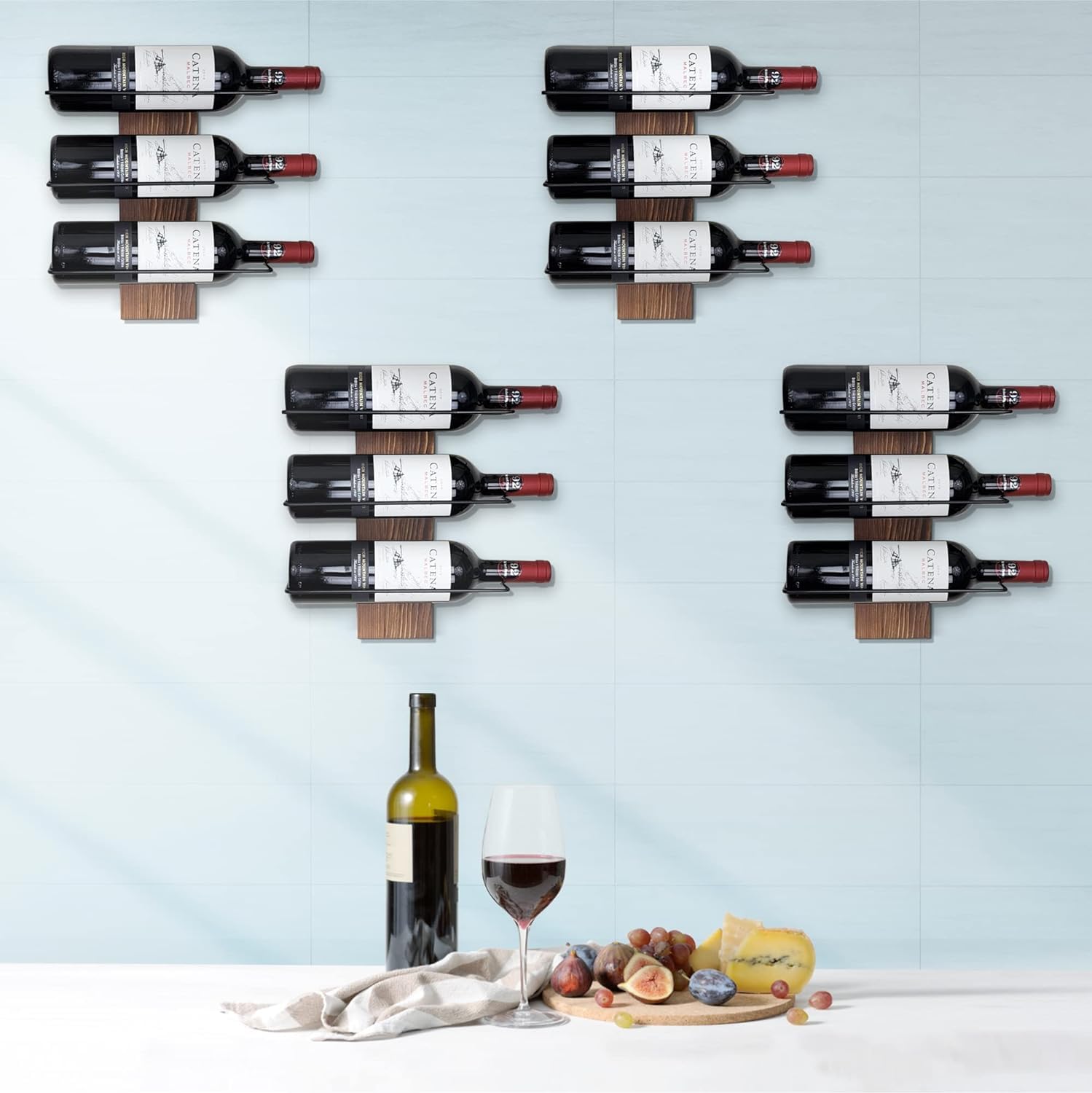 Wall Mounted Wine Rack for 9 Bottles - Bar, Kitchen & Dining Decor
