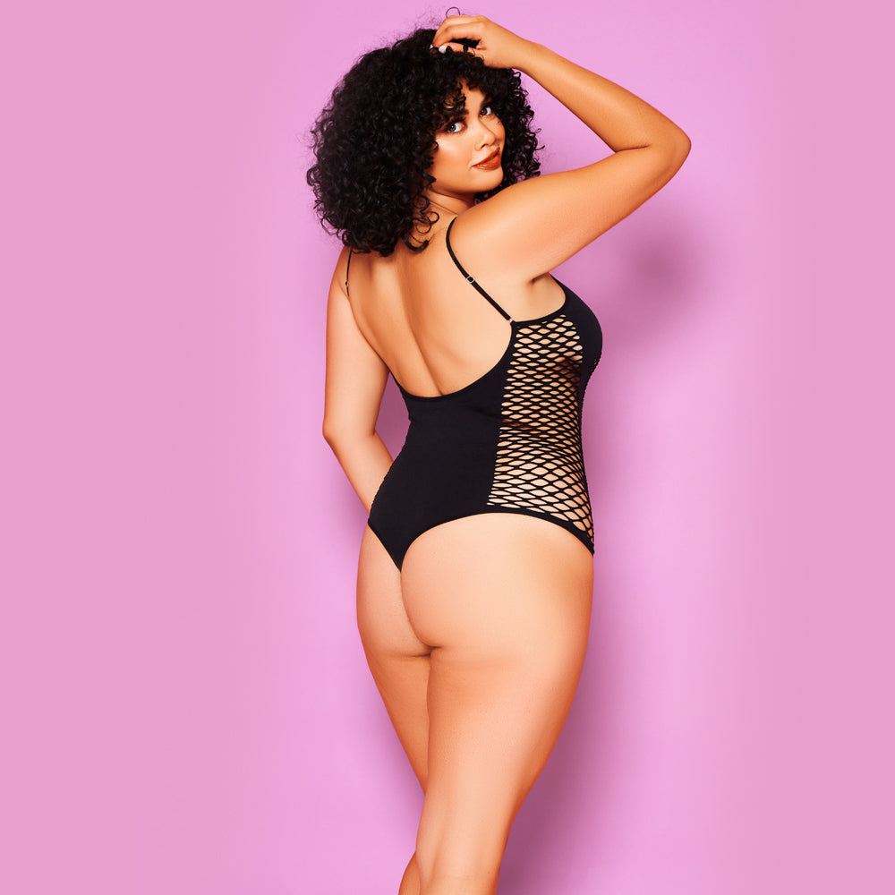 Glitter Attention Lover Seamless Fishnet Panel Teddy for Curvy Women - Perfect for Valentine's Day, Boudoir Photography & Sensual Lingerie Looks