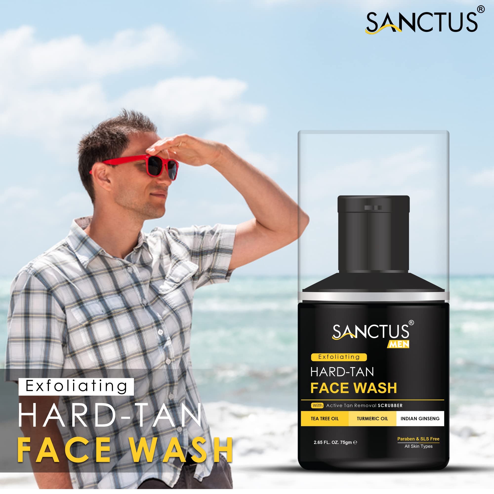 Organic Hard Tan Scrub Face Wash for Men - Insta Whitening & Oil Control with Indian Ginseng, Tea Tree Oil, Amla & Turmeric | Natural Tan Removal | 75g | Perfect for Post-Workout, Travel & Daily Skincare Routine
