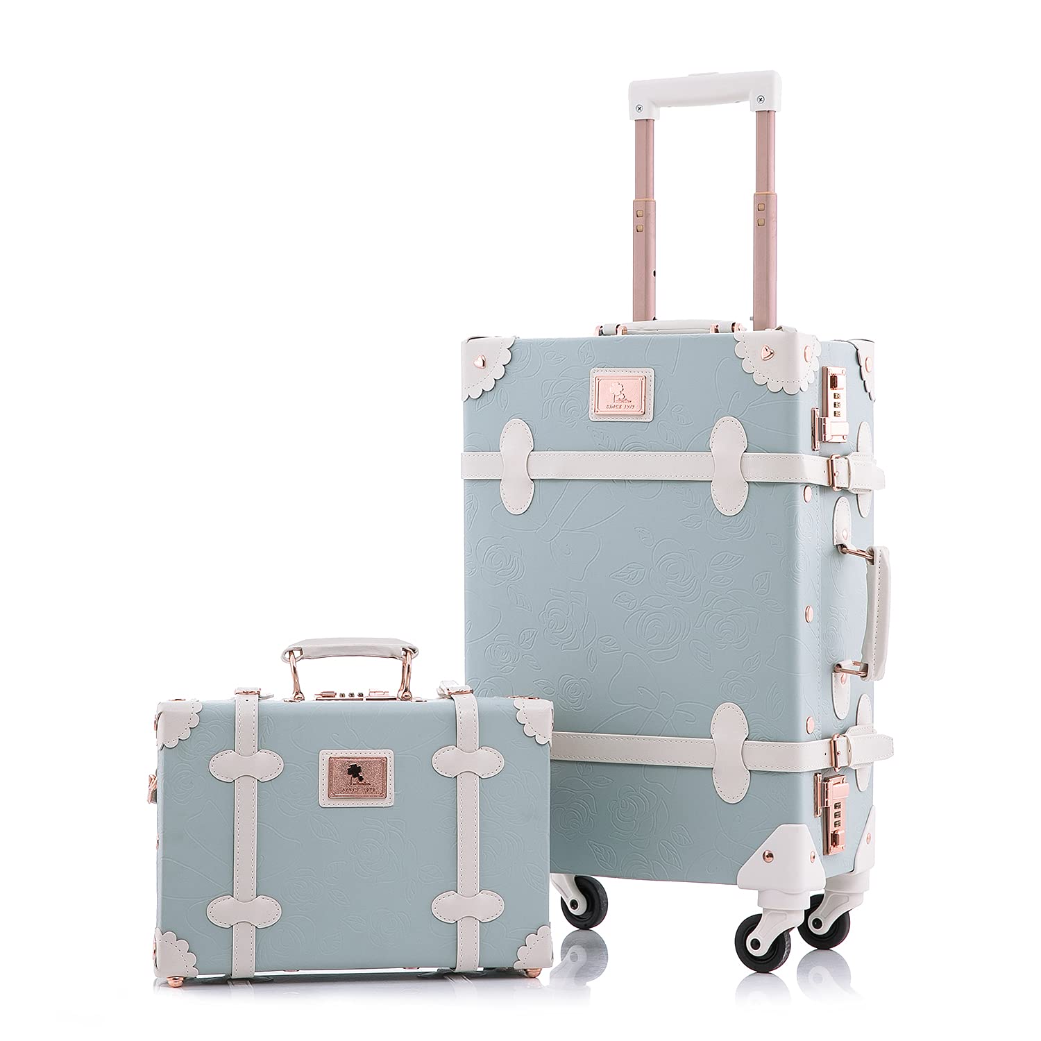 Vintage Luggage Set for Women - 20 Inch PU Leather Suitcase with 12 Inch Matching Handbag (Embossed Blue) | Carry-On Travel Suitcase & Purse for Business Trips, Vacations & Weekend Getaways